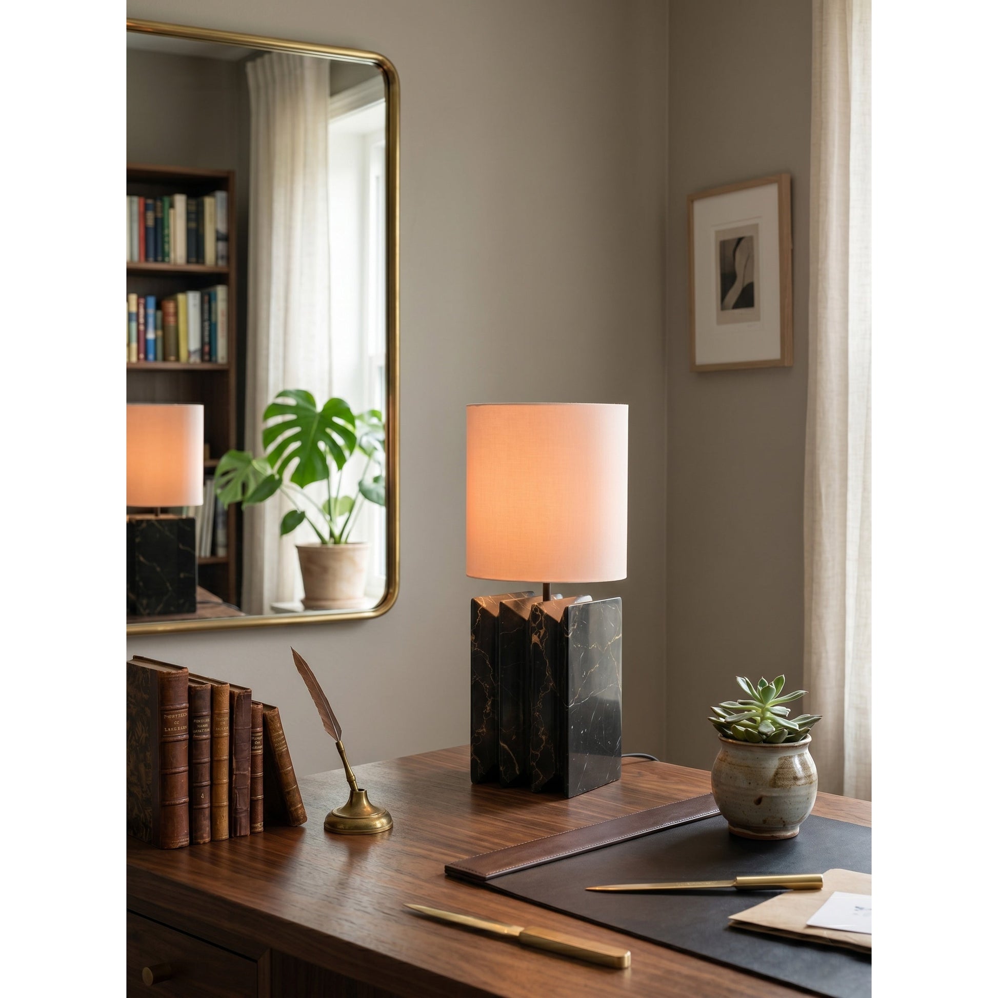 Top-down view of the cylindrical linen drum shade on the Jman Table Lamp.