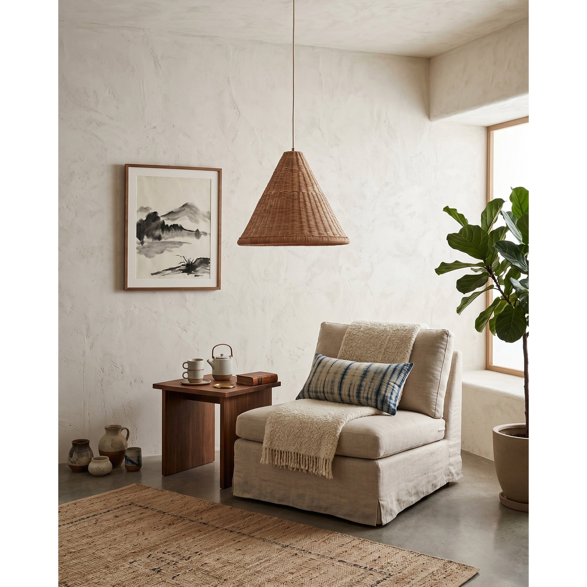 The small-sized rattan pendant lamp in a cozy corner.