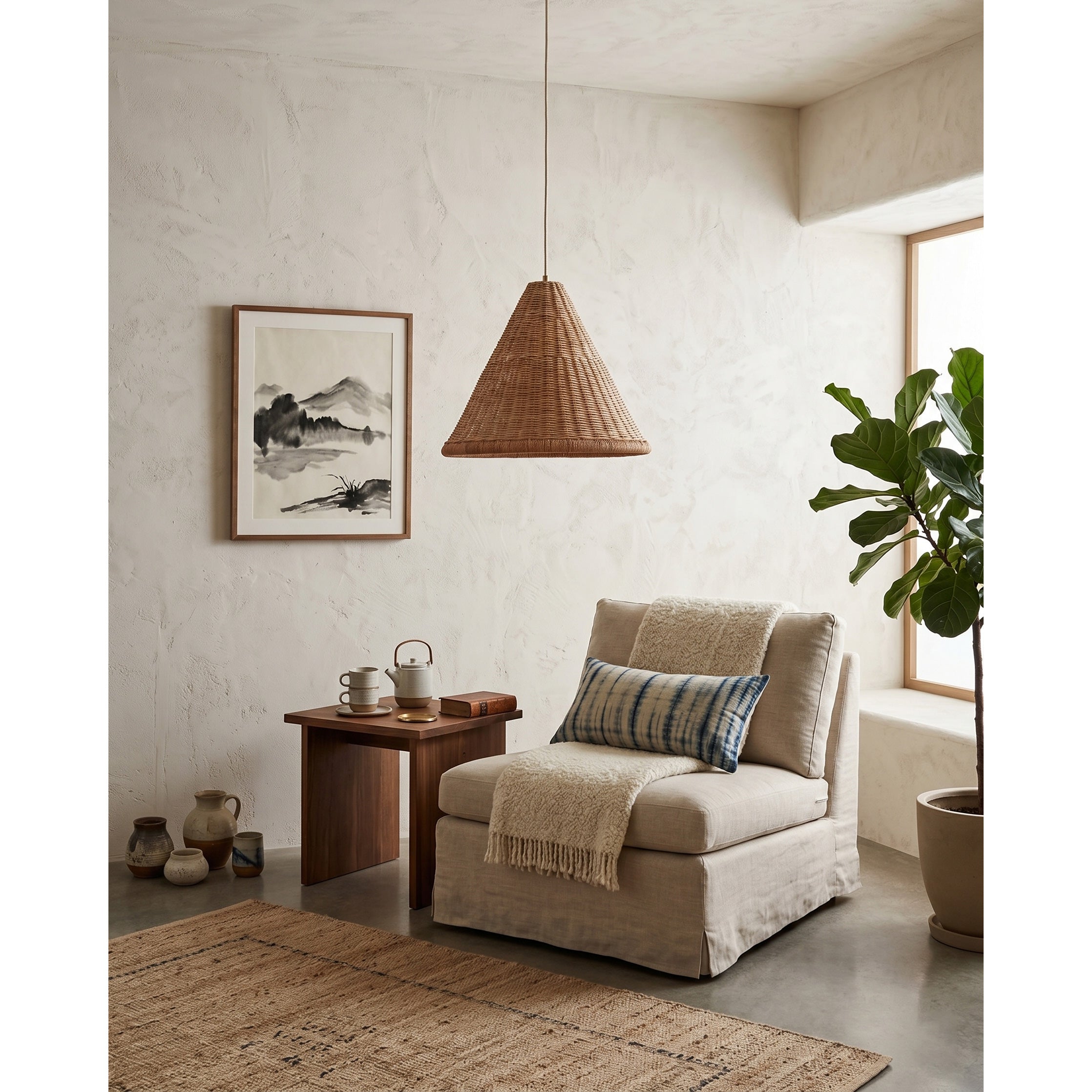 The small-sized rattan pendant lamp in a cozy corner.