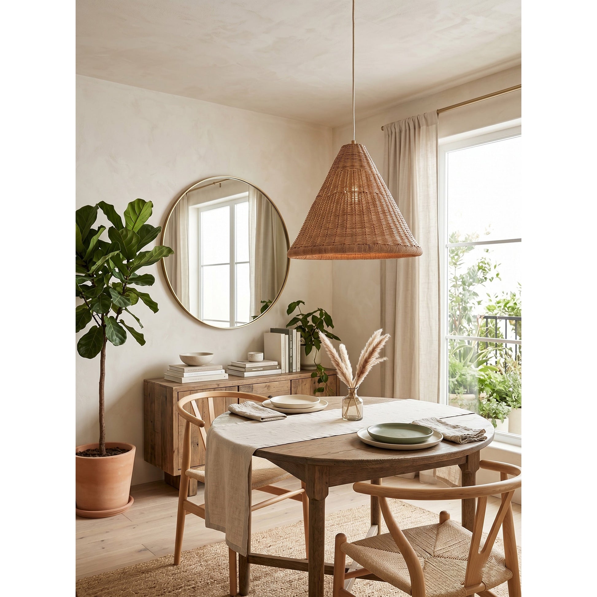 Angled view of the Kasbah Rattan Conical Pendant Lamp.