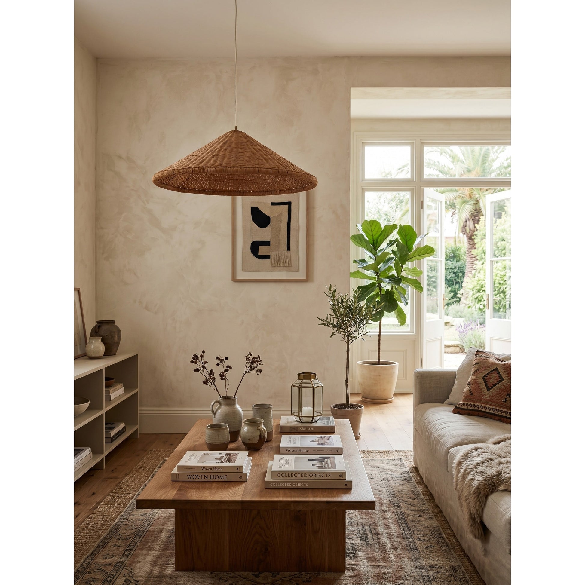 The natural rattan material of the lampshade in detail.