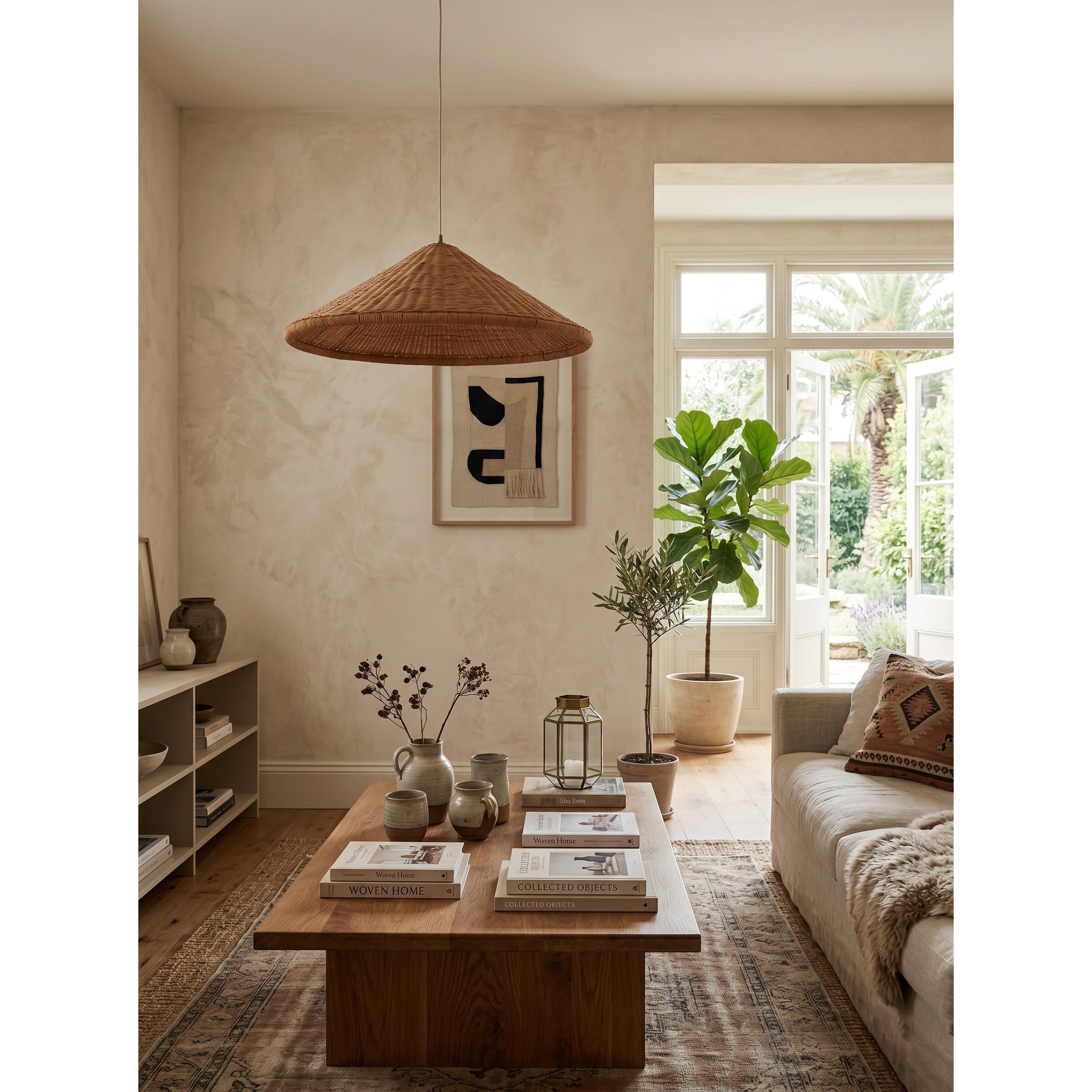 The natural rattan material of the lampshade in detail.
