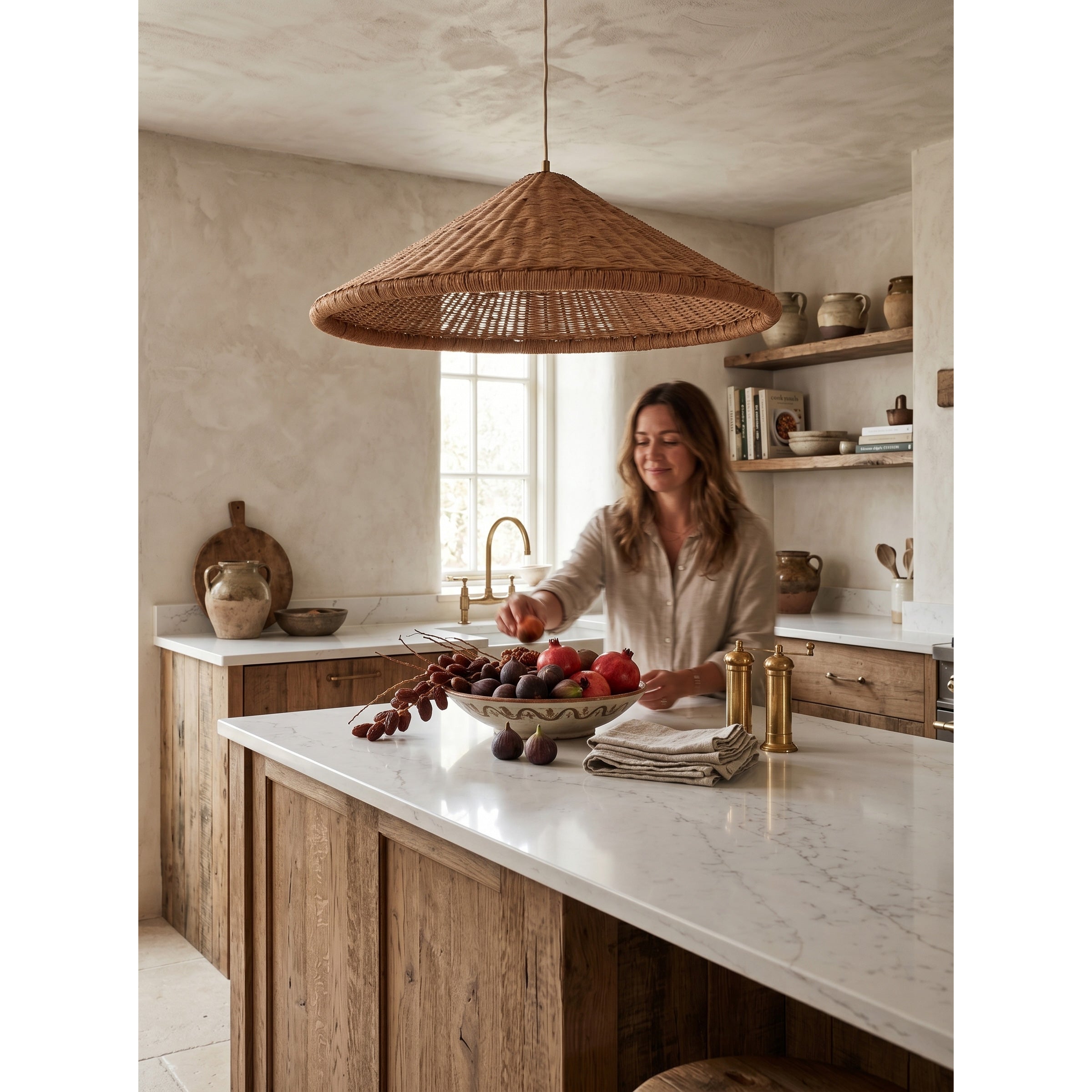 The pendant lamp styled in a modern farmhouse bedroom.