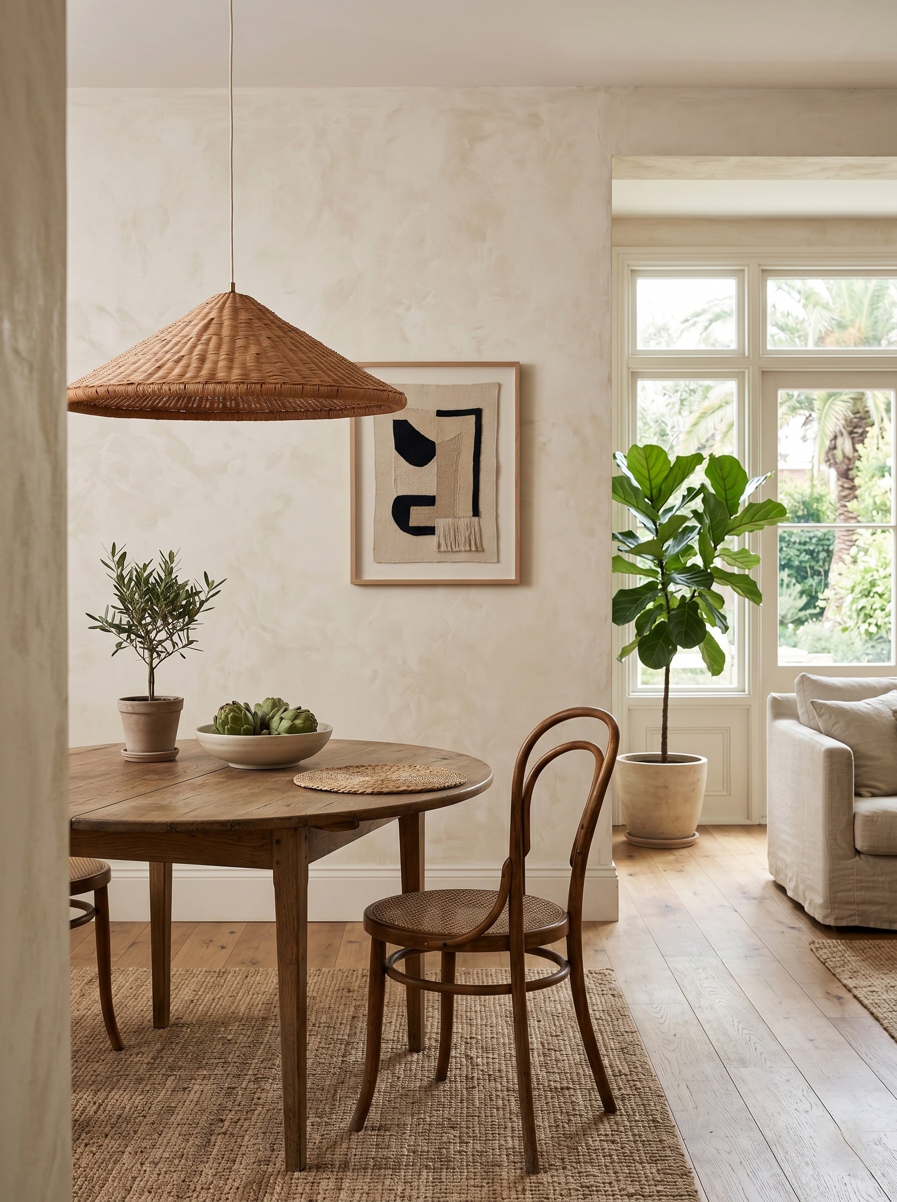 Close-up of the hand-woven rattan texture on the pendant lamp.