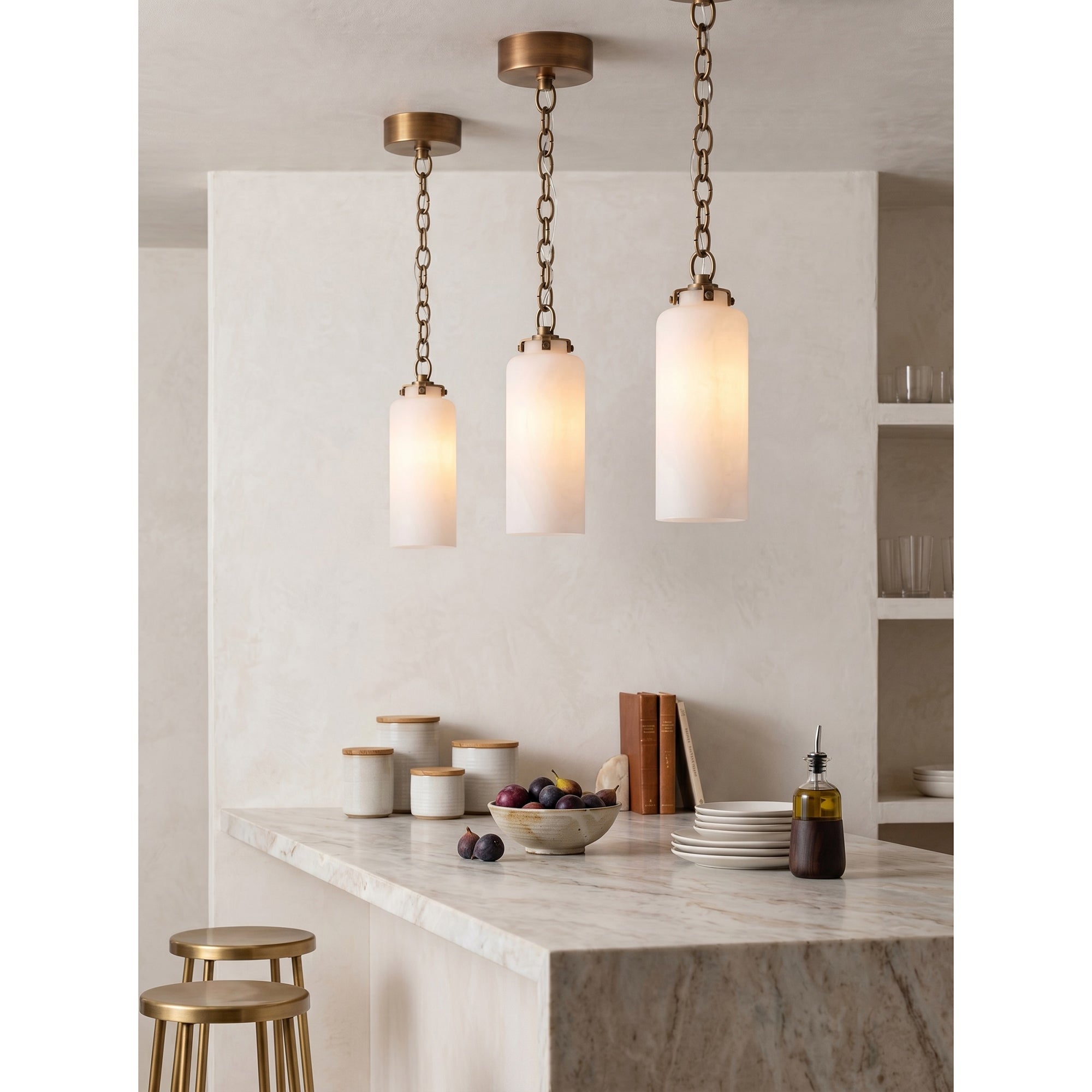 Angled view of the antique brass pendant light.