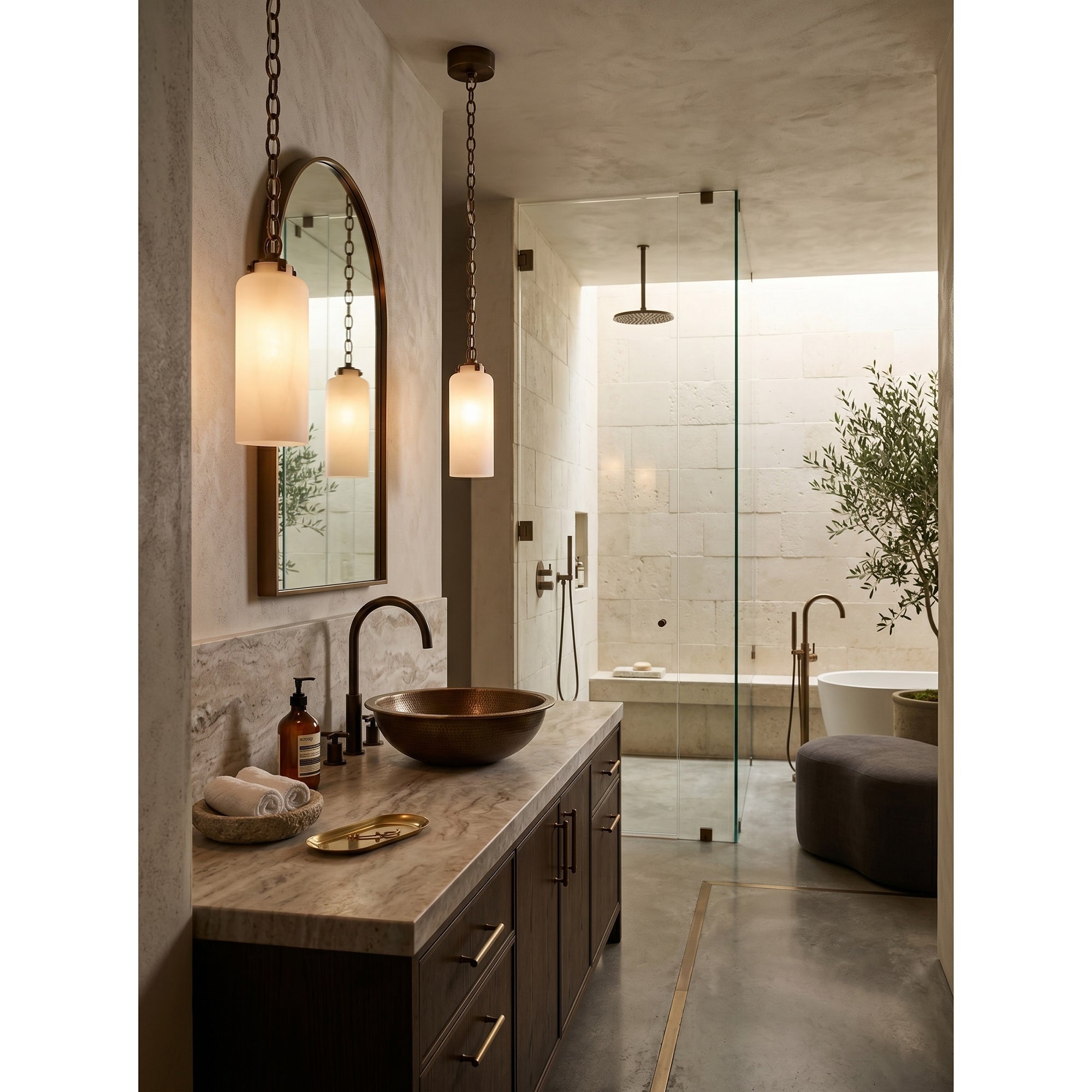 Angled view of the antique black pendant light.