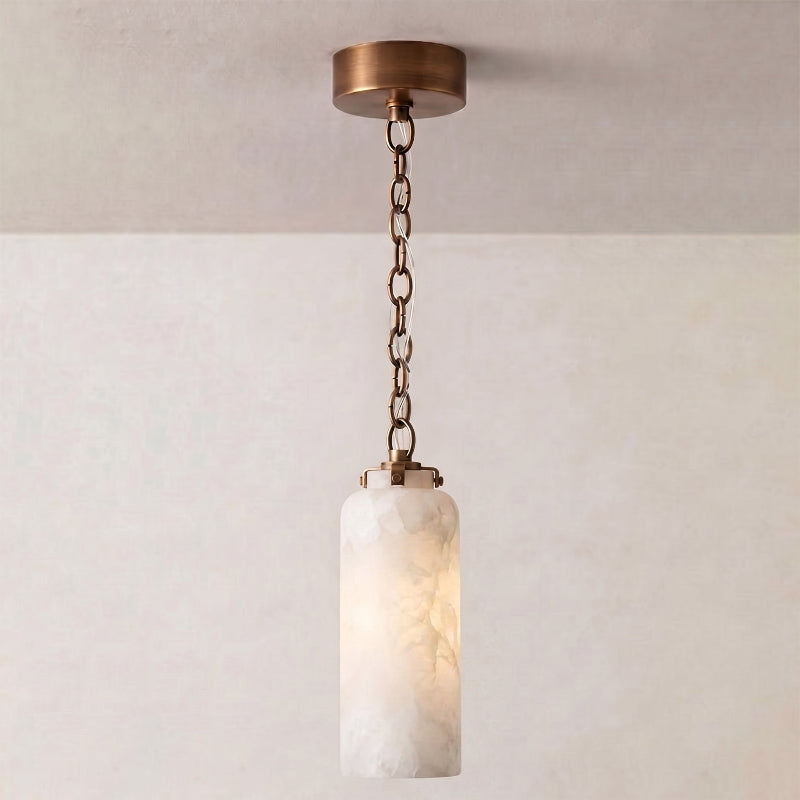 Unlit view of the antique brass and glass pendant.