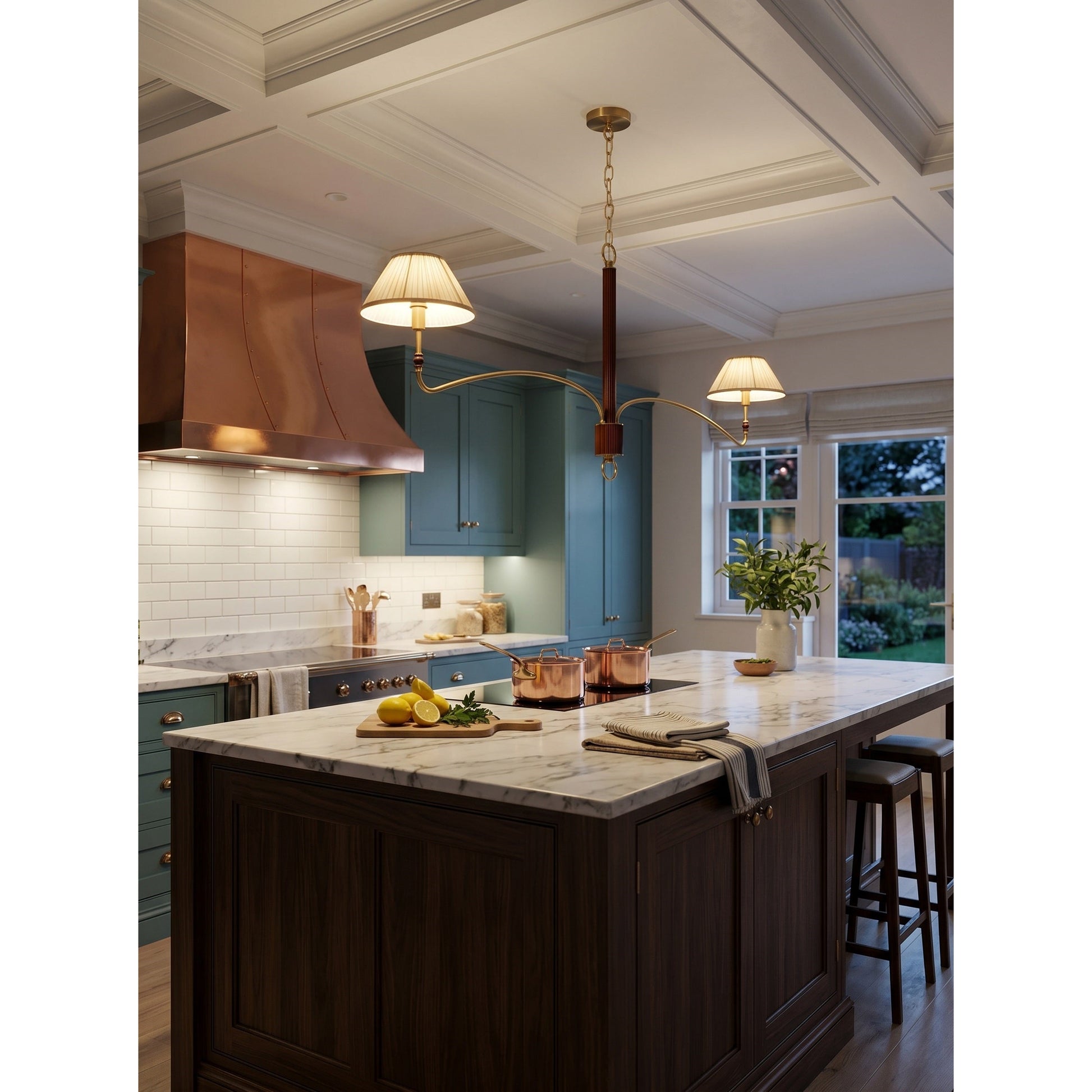 The 6-head chandelier with brass finish against a dark wall.