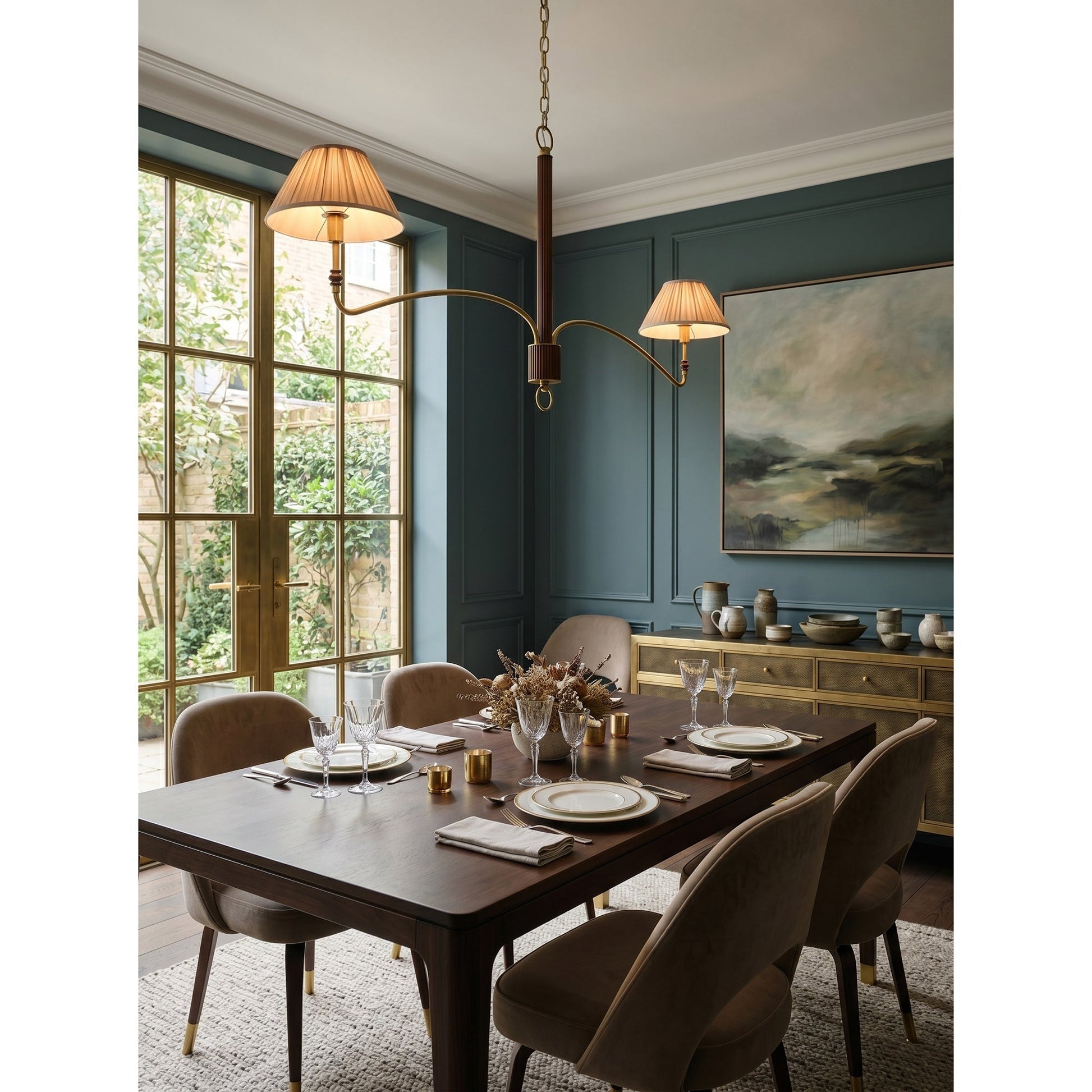 The 2-head linear chandelier with red bronze finish.