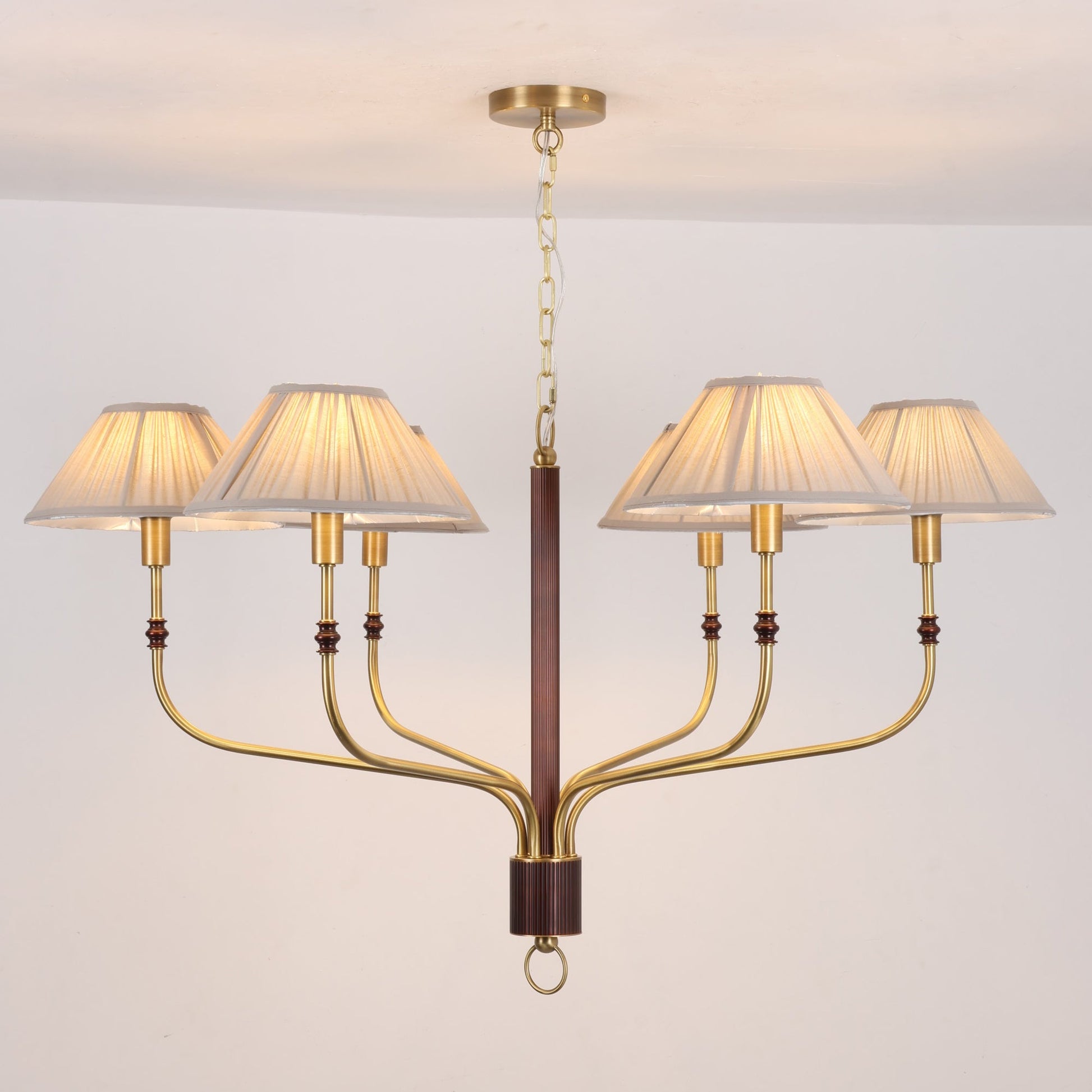 A view showing the chandelier's compatibility with a sloped ceiling.