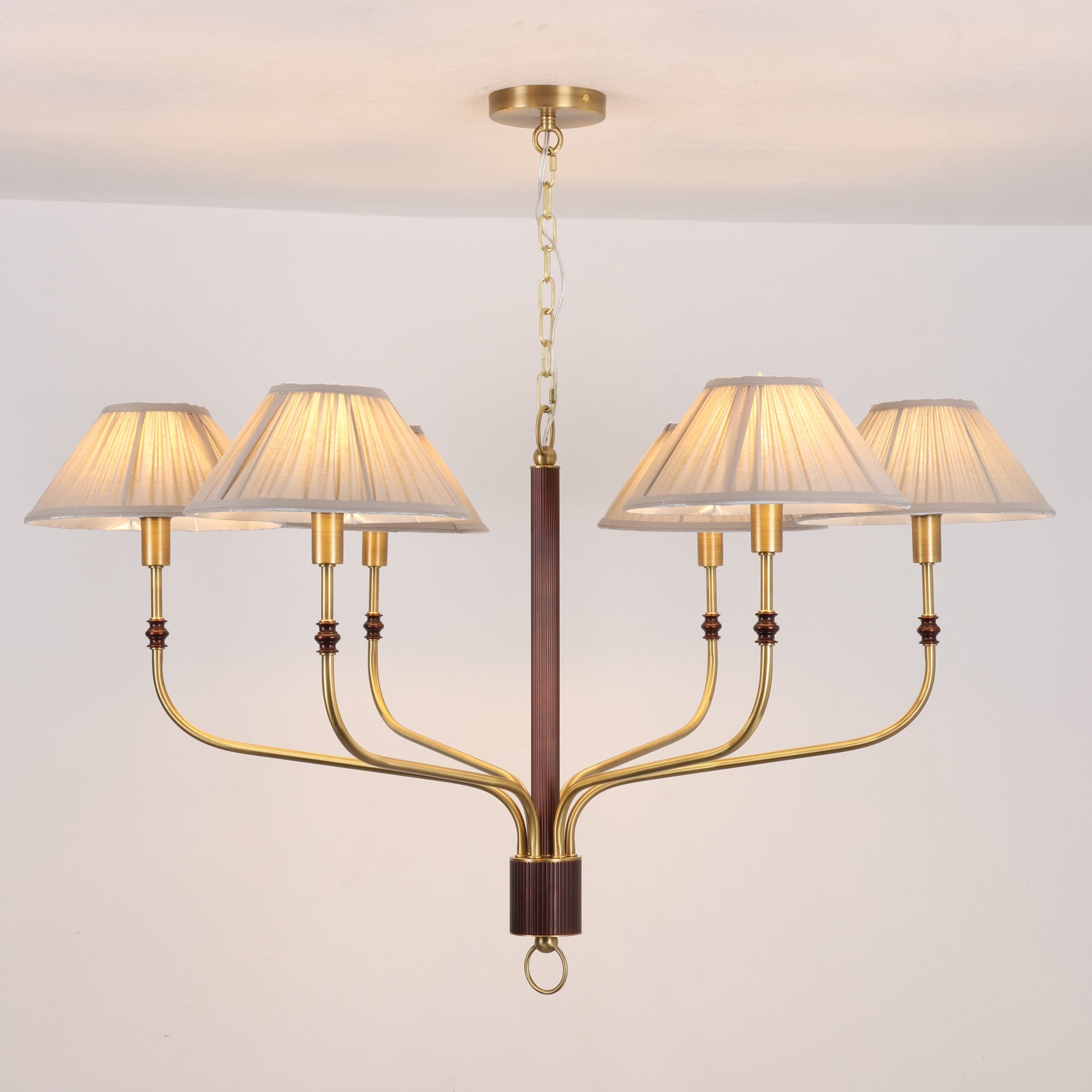 A view showing the chandelier's compatibility with a sloped ceiling.