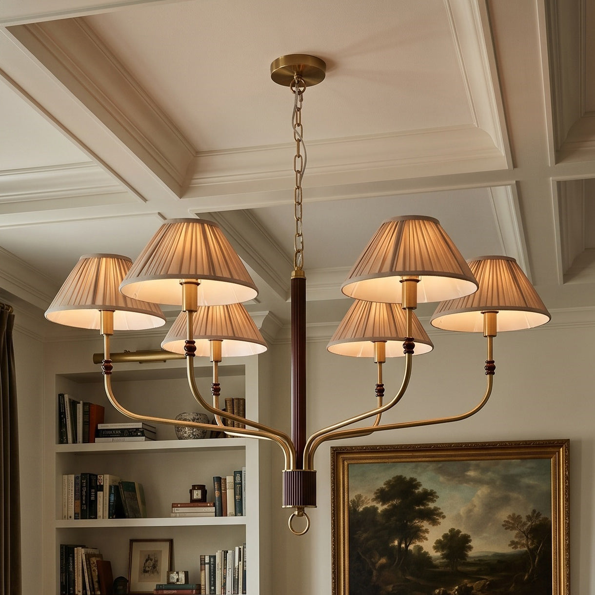The 2-head linear Laurent Chandelier over a long dining table.