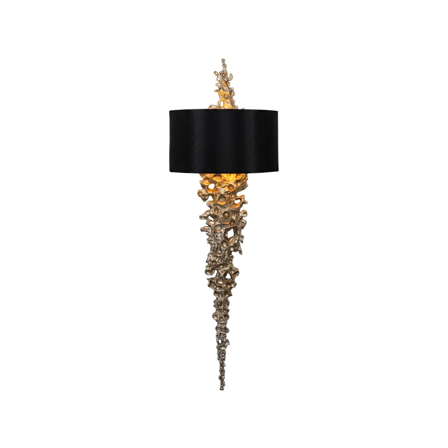 Front view of the Lava Brass Wall Sconce with a black shade.