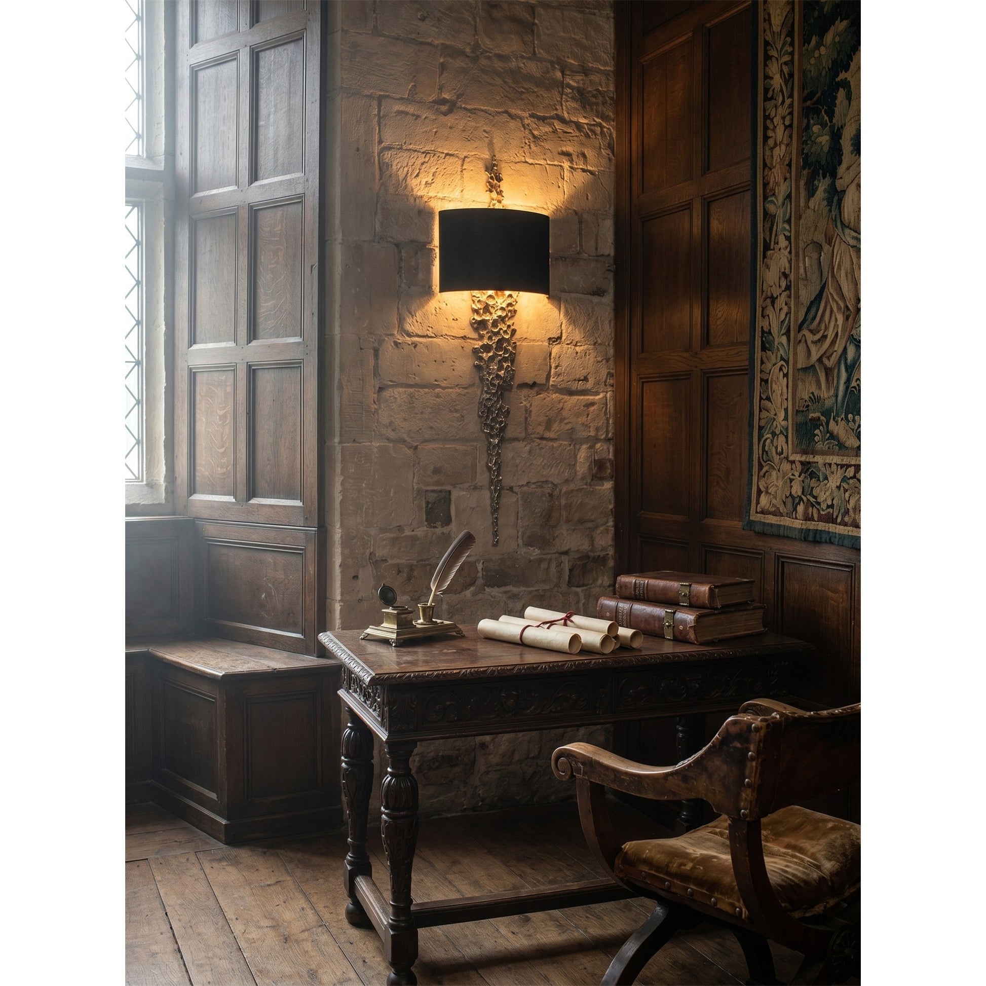 Detail shot of the black fabric shade and textured brass fixture.