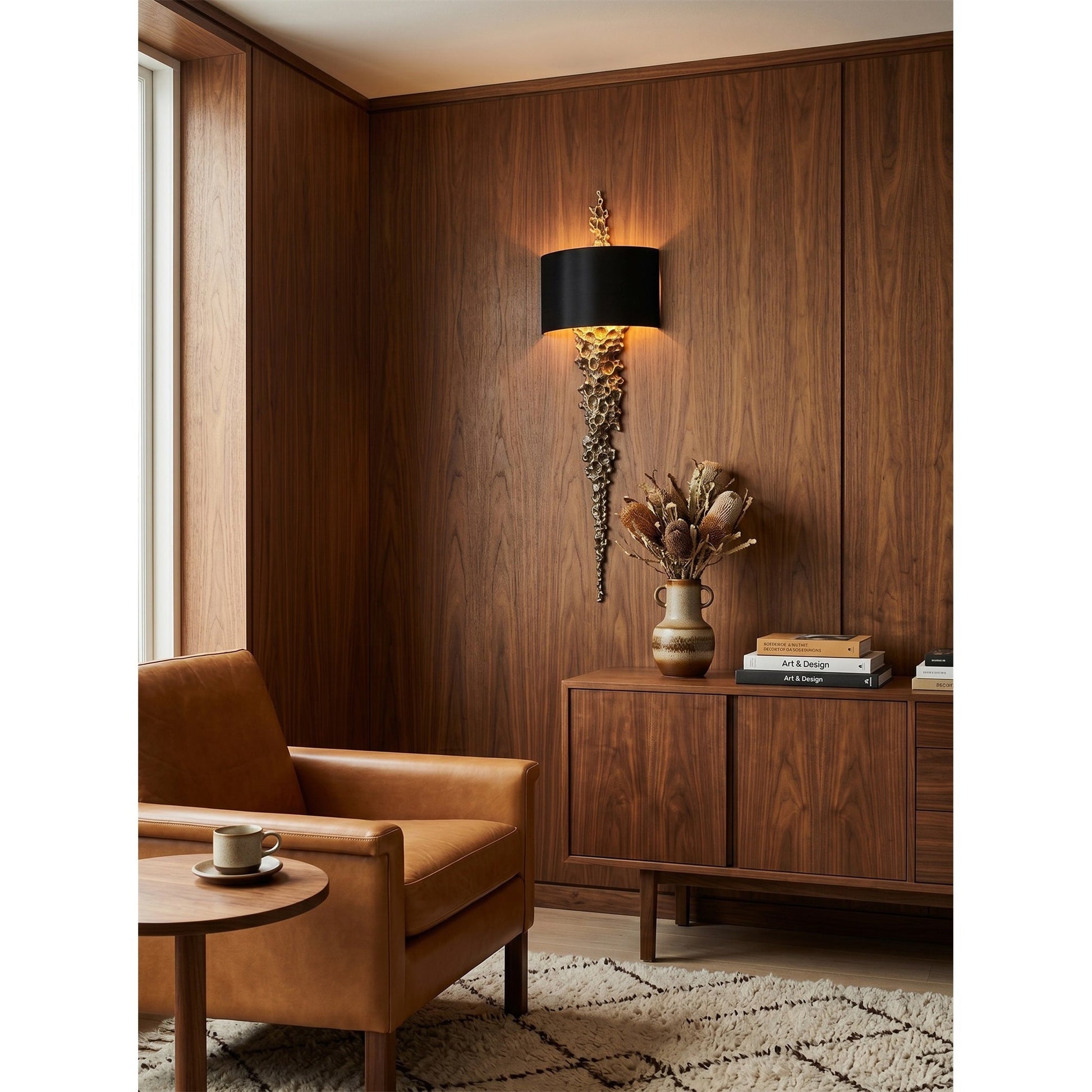 The Lava Wall Sconce emitting a warm, ambient glow against a dark wall.
