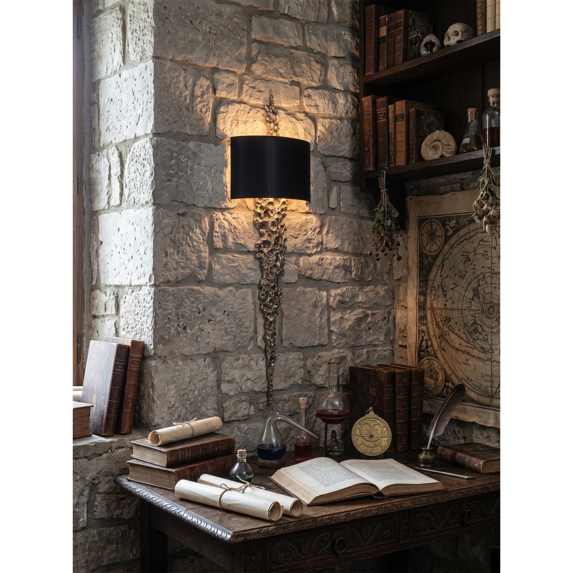 Side profile of the elongated, sculptural wall sconce.