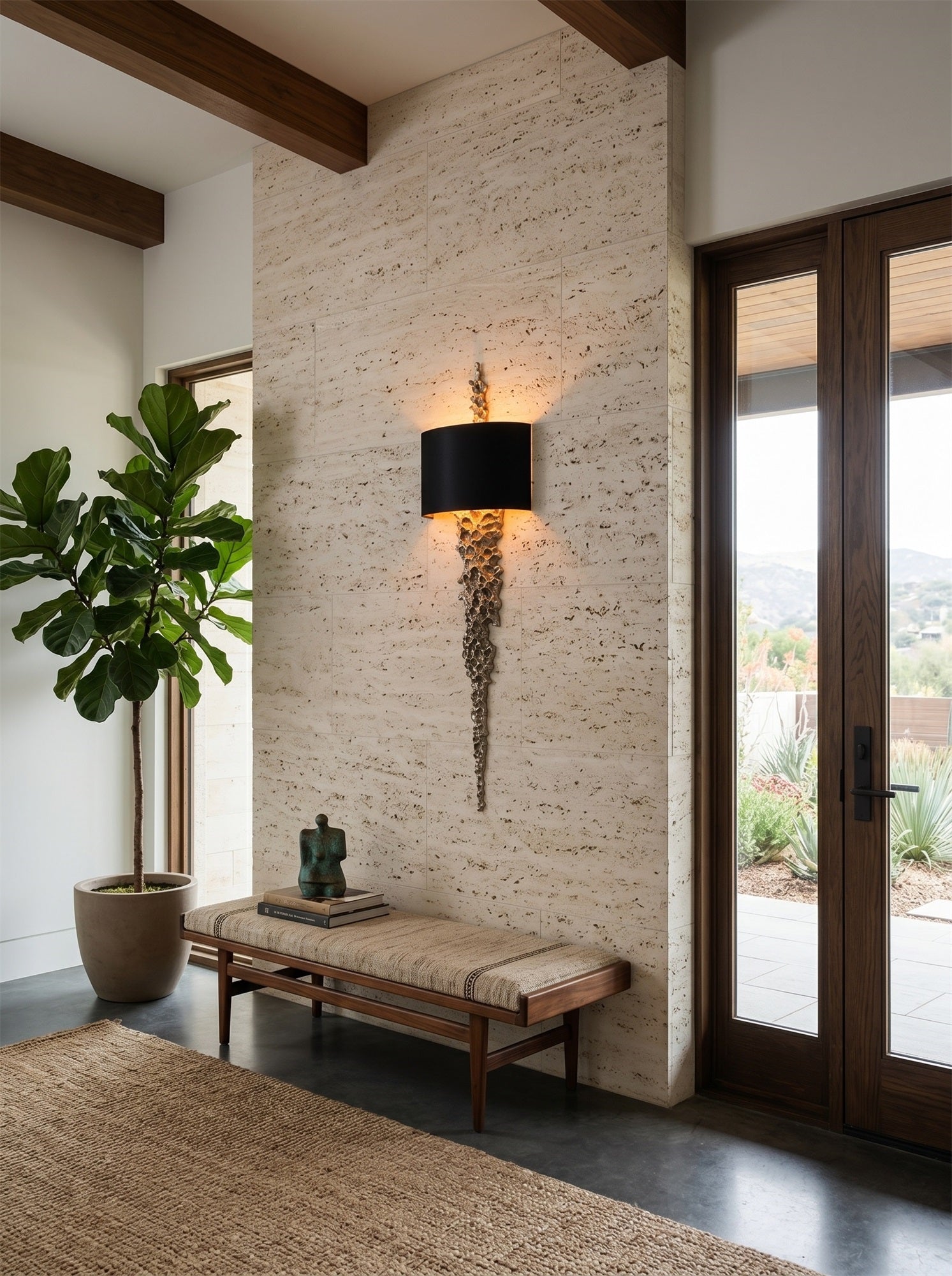 The Lava Wall Sconce shown with a white fabric shade.