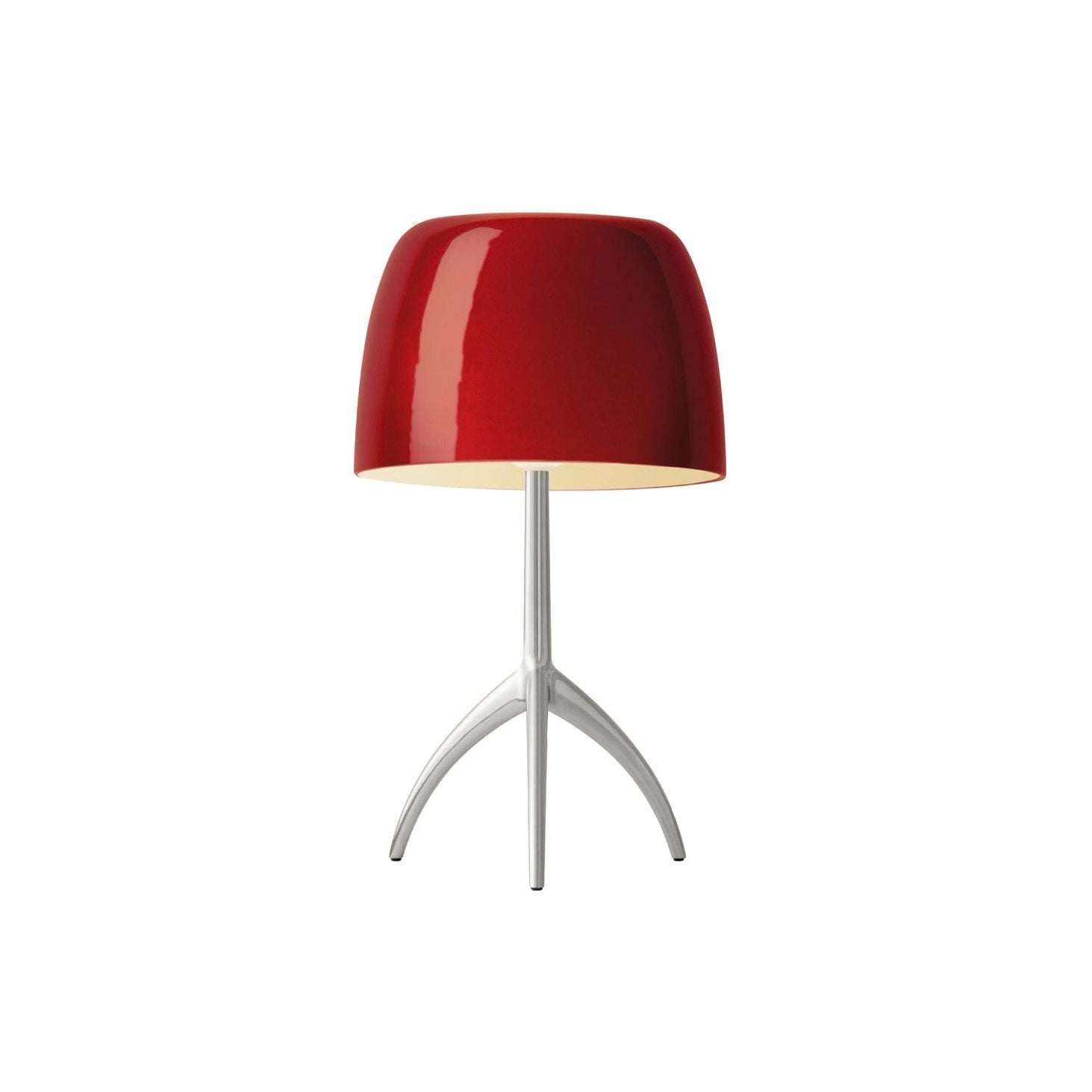 Lumiere Table Lamp with red glass shade on a chrome tripod base.