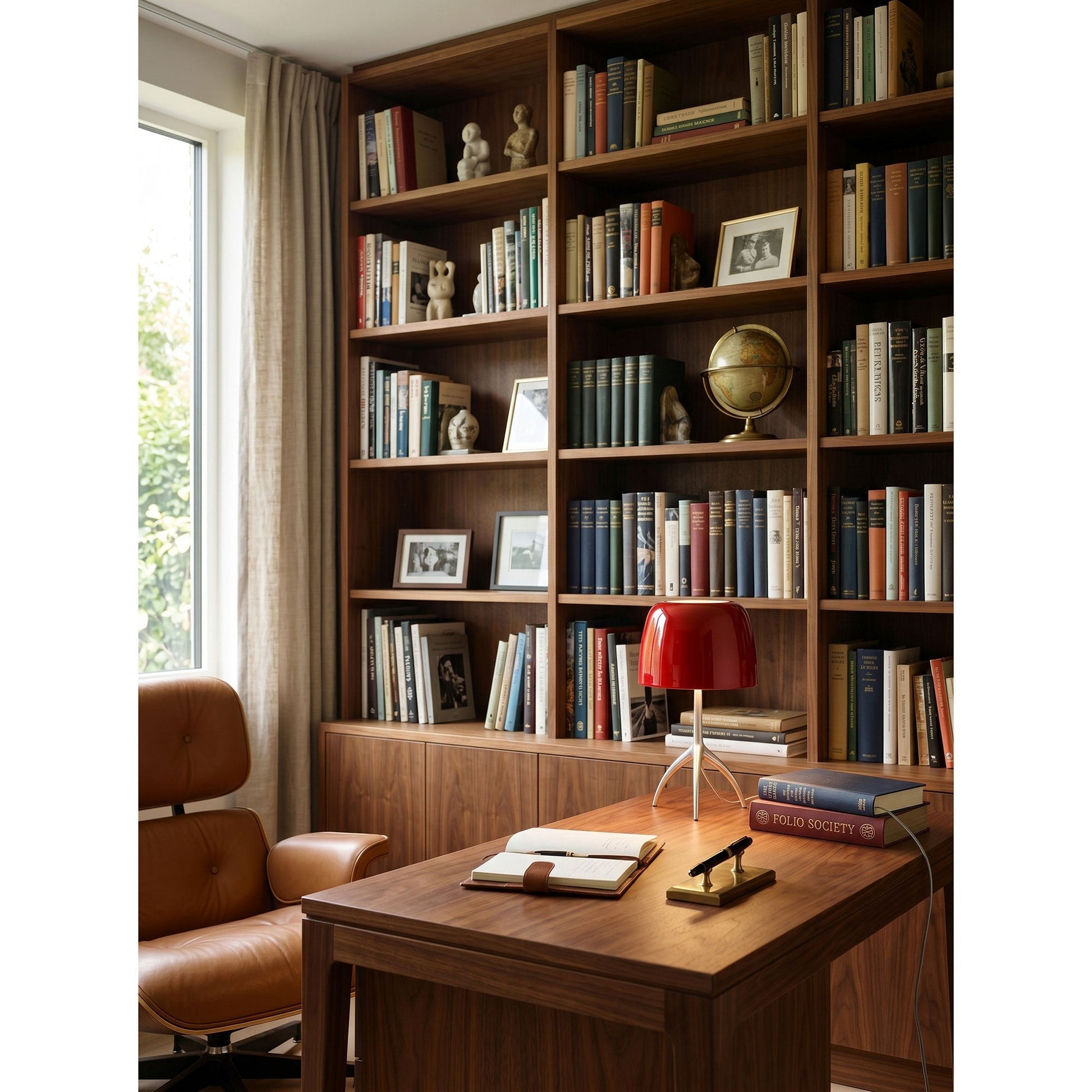 The Lumiere Table Lamp with a white shade in a minimalist bedroom.