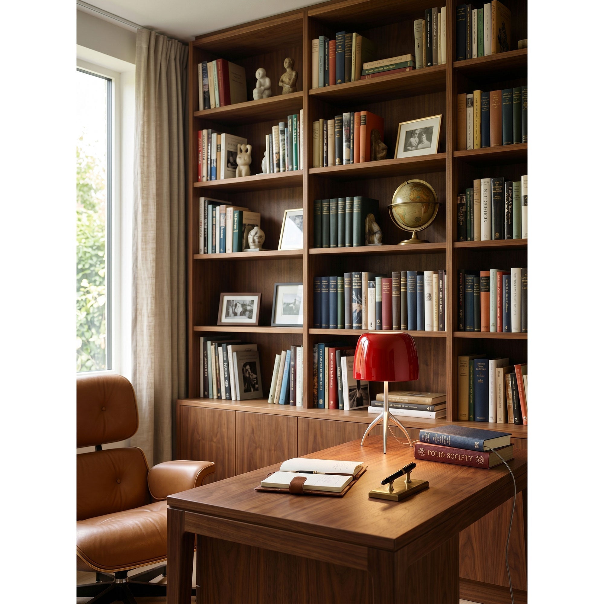The Lumiere Table Lamp with a white shade in a minimalist bedroom.