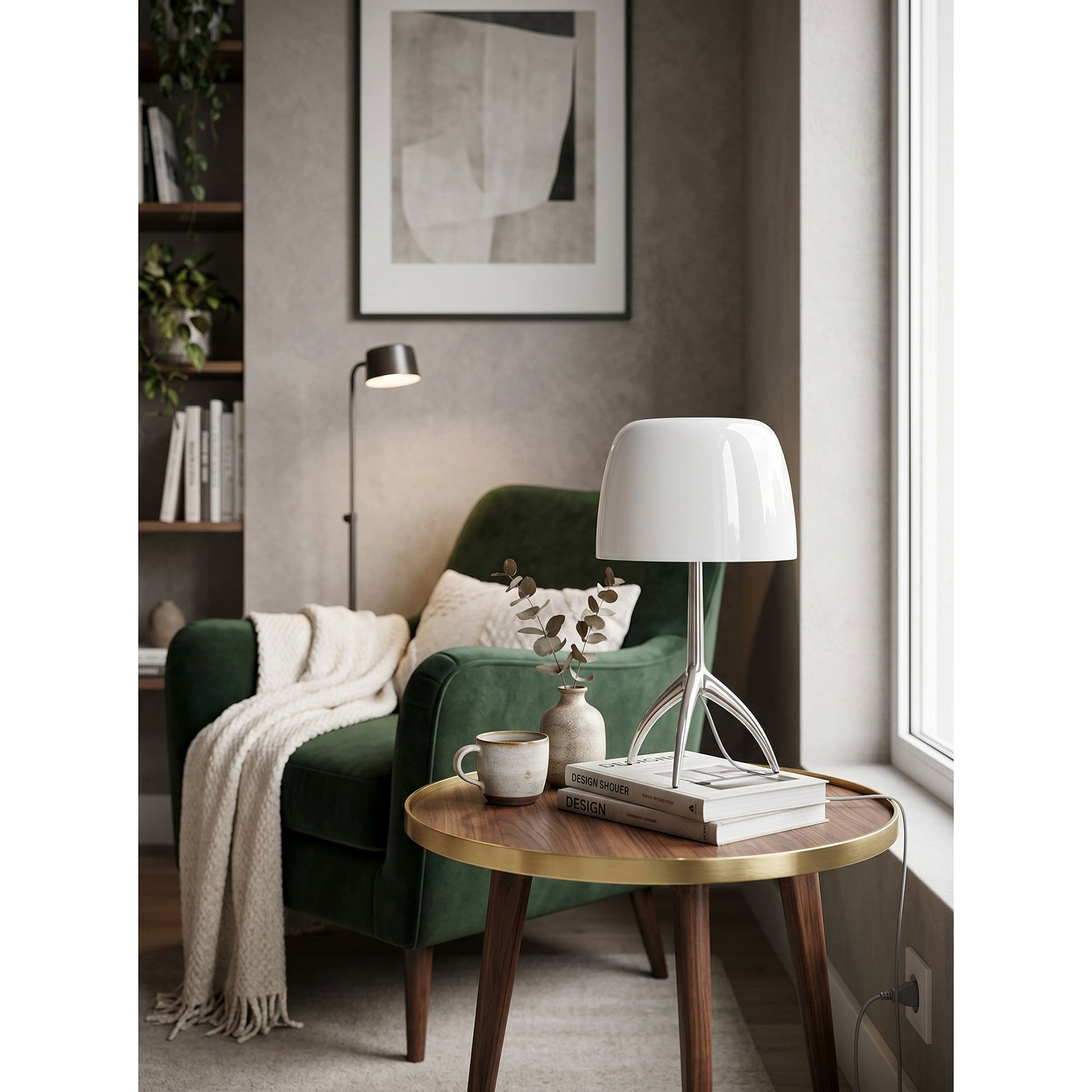 Lifestyle image of the Lumiere Table Lamp on a side table next to a sofa.