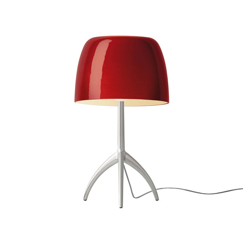 Full product view of the Lumiere Table Lamp with red shade and chrome base.