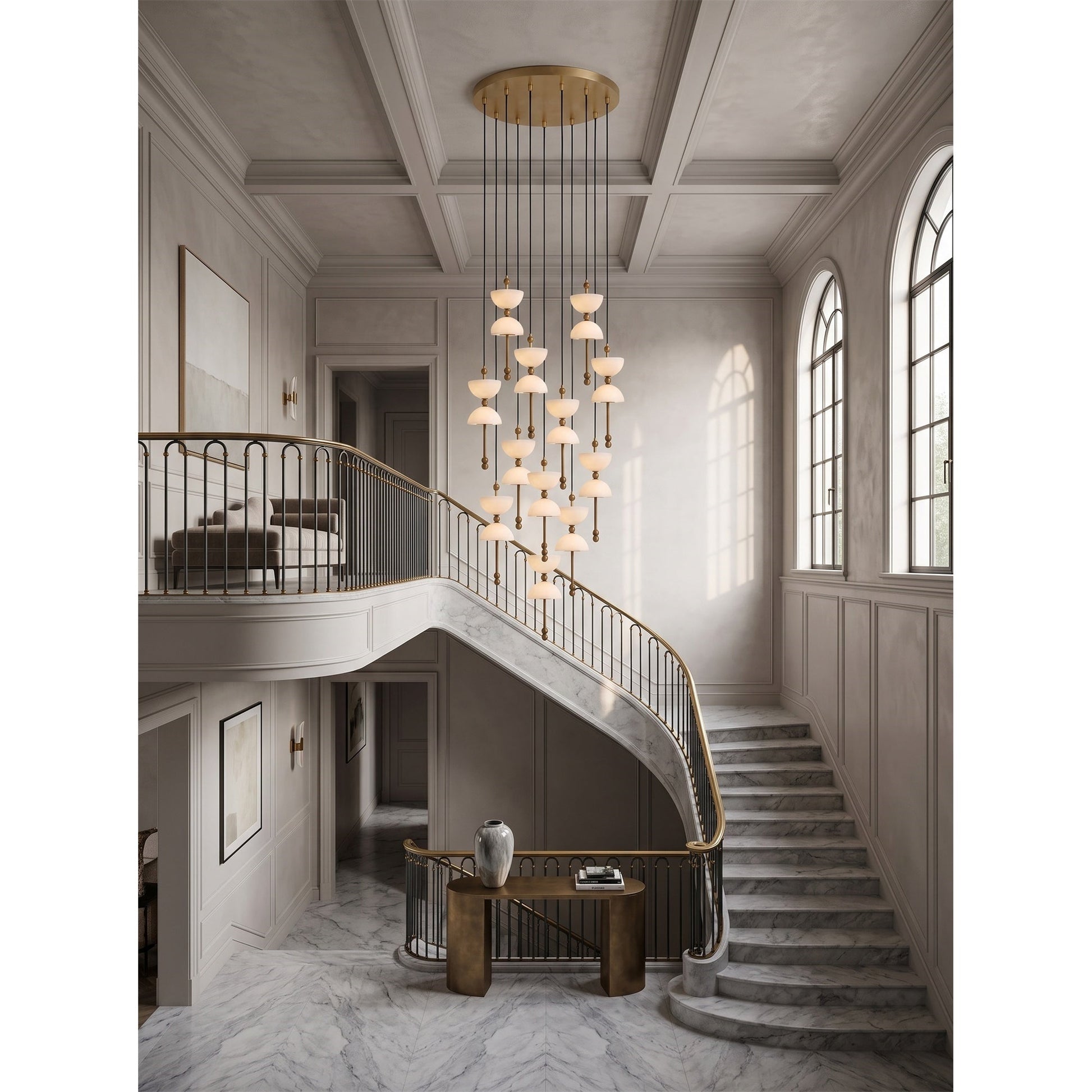 The 12-head Lyra Chandelier creating a dramatic statement in a luxury stairwell.