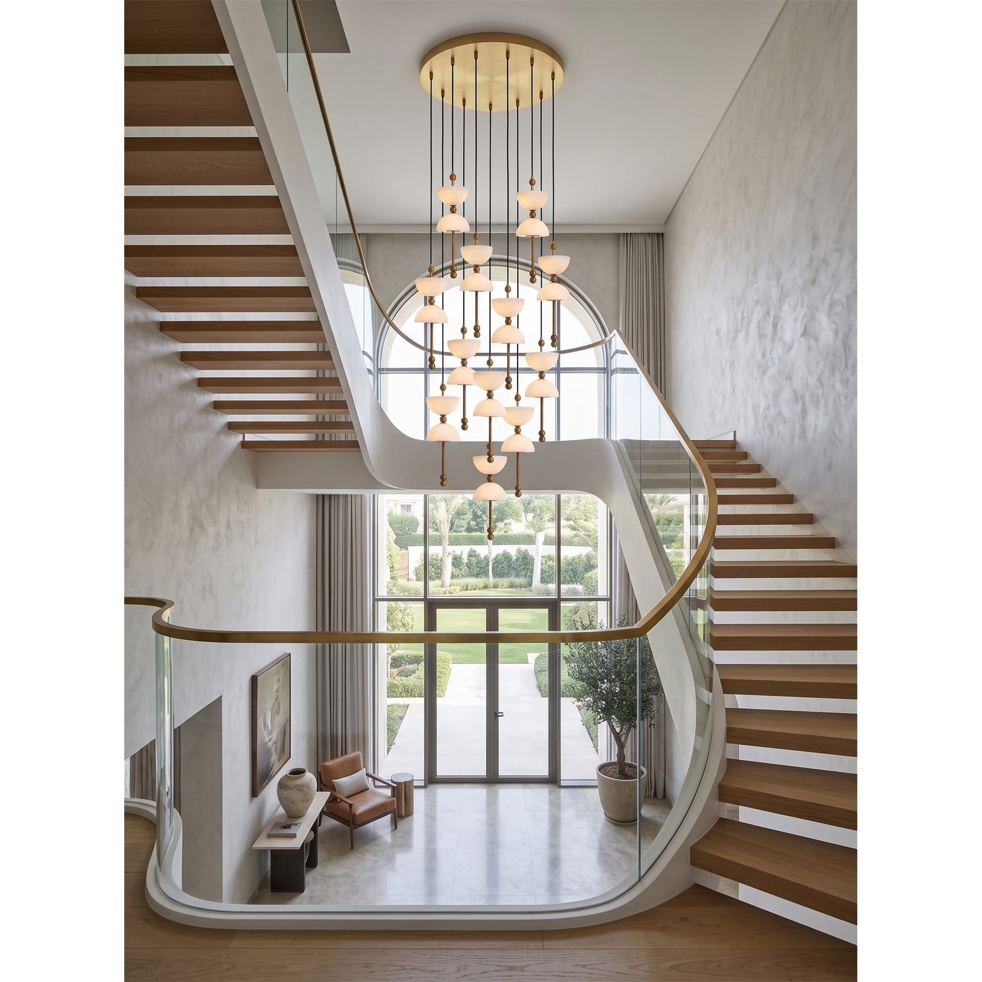 Lyra Chandelier with lights off, showcasing its sculptural form and alabaster material.