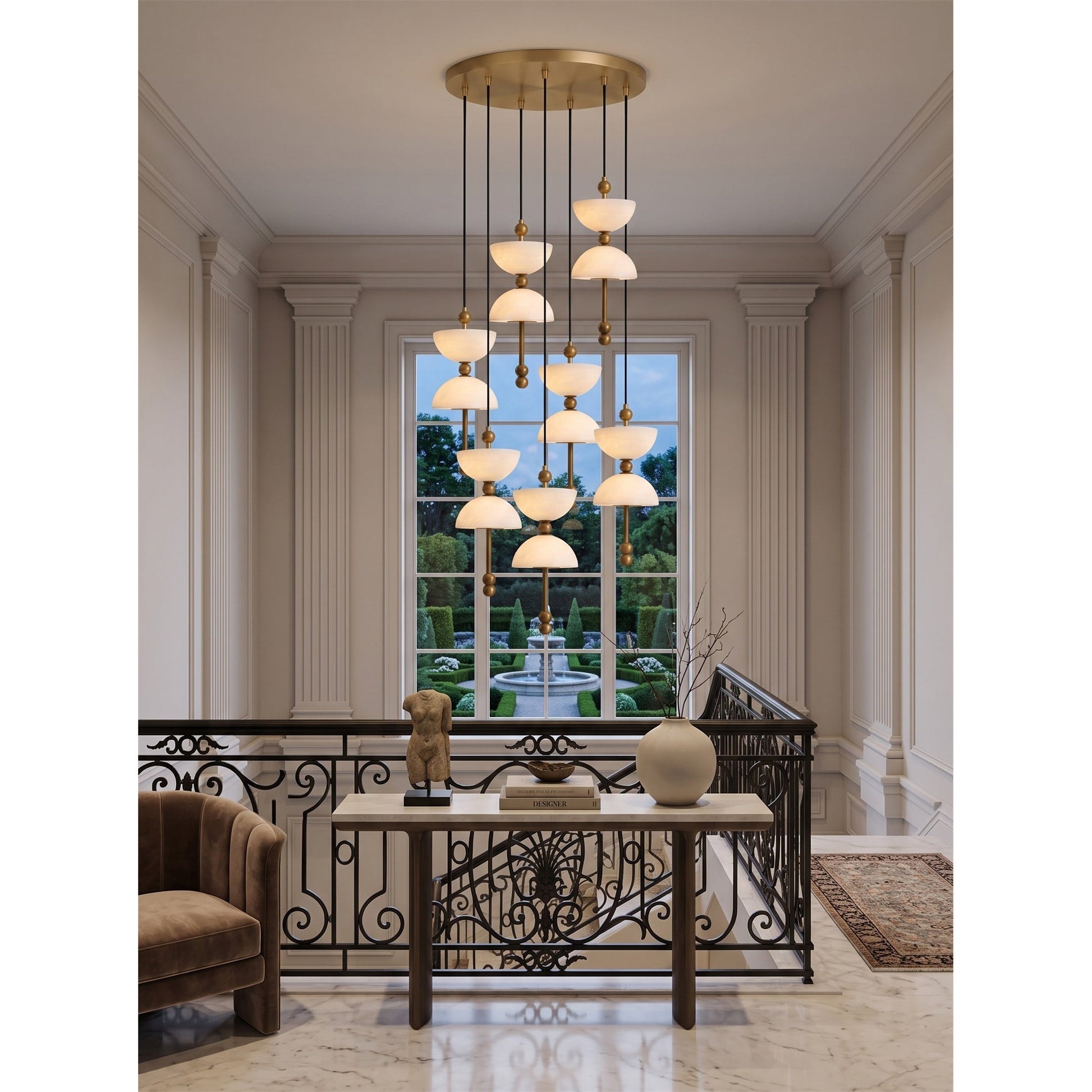 The 3-head Lyra Chandelier in a living room setting.