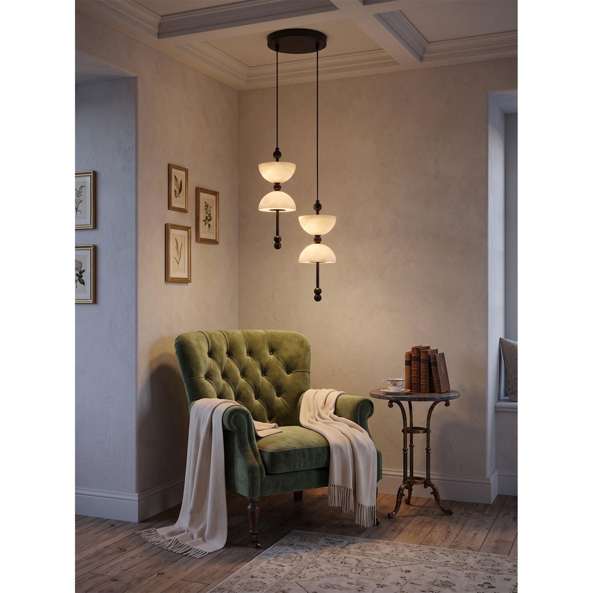 The ceiling canopy of the Lyra Chandelier in a brushed brass finish.