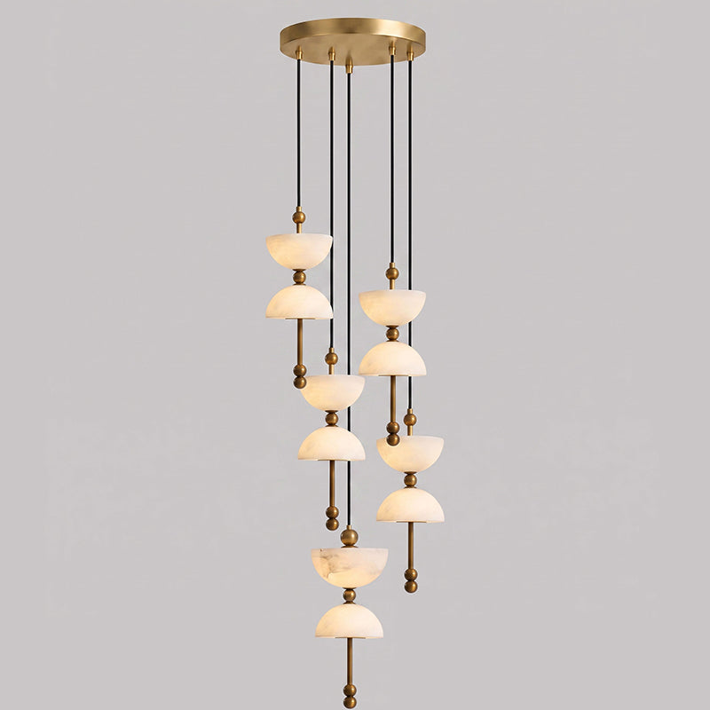 Angled view of the Lyra Alabaster Chandelier, showing the staggered geometric composition.