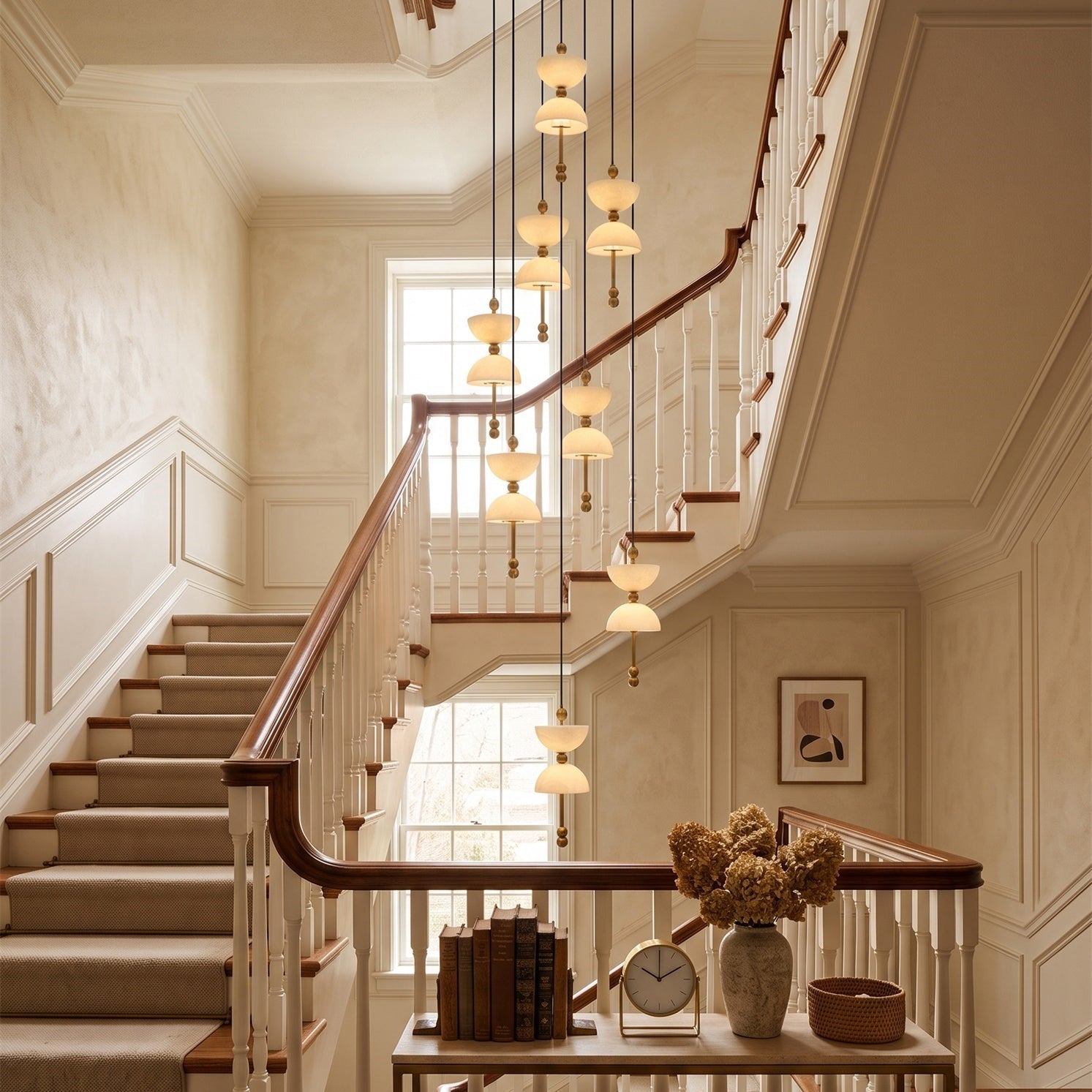The cascading Lyra Chandelier installed in a double-height foyer.