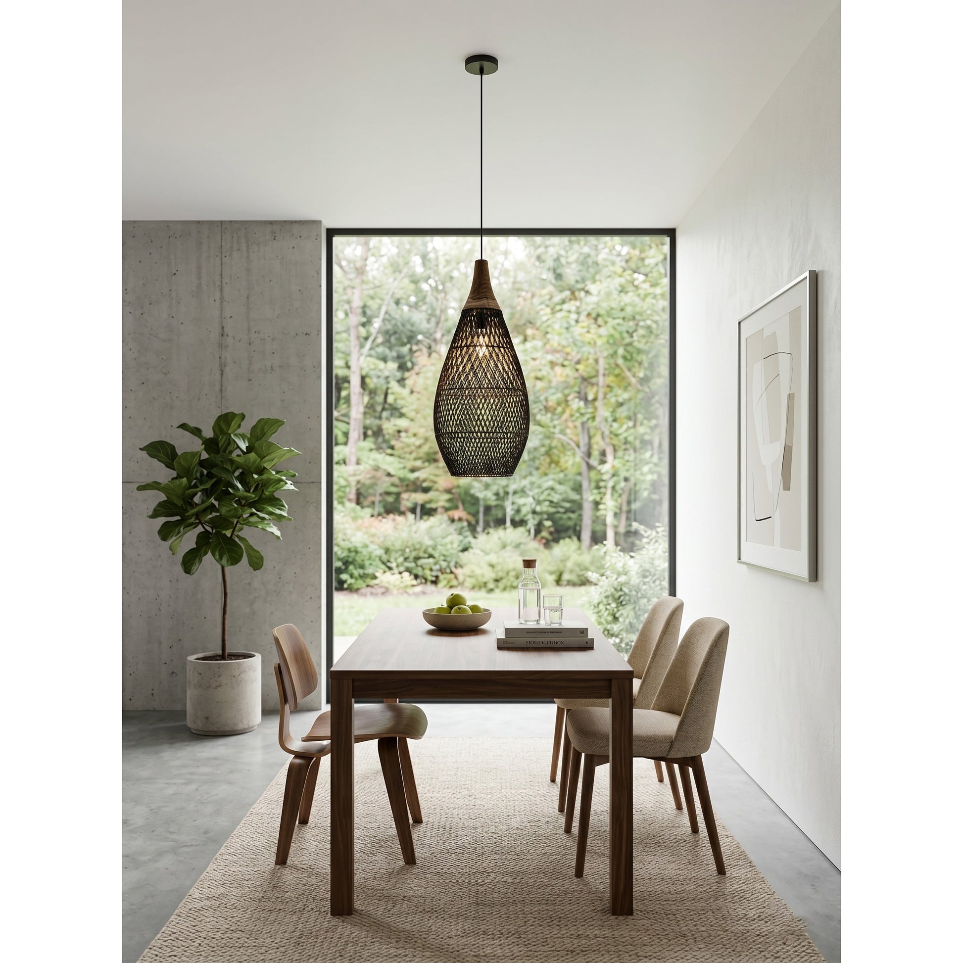 Mallorca Pendant Lamp in black finish, illuminated.