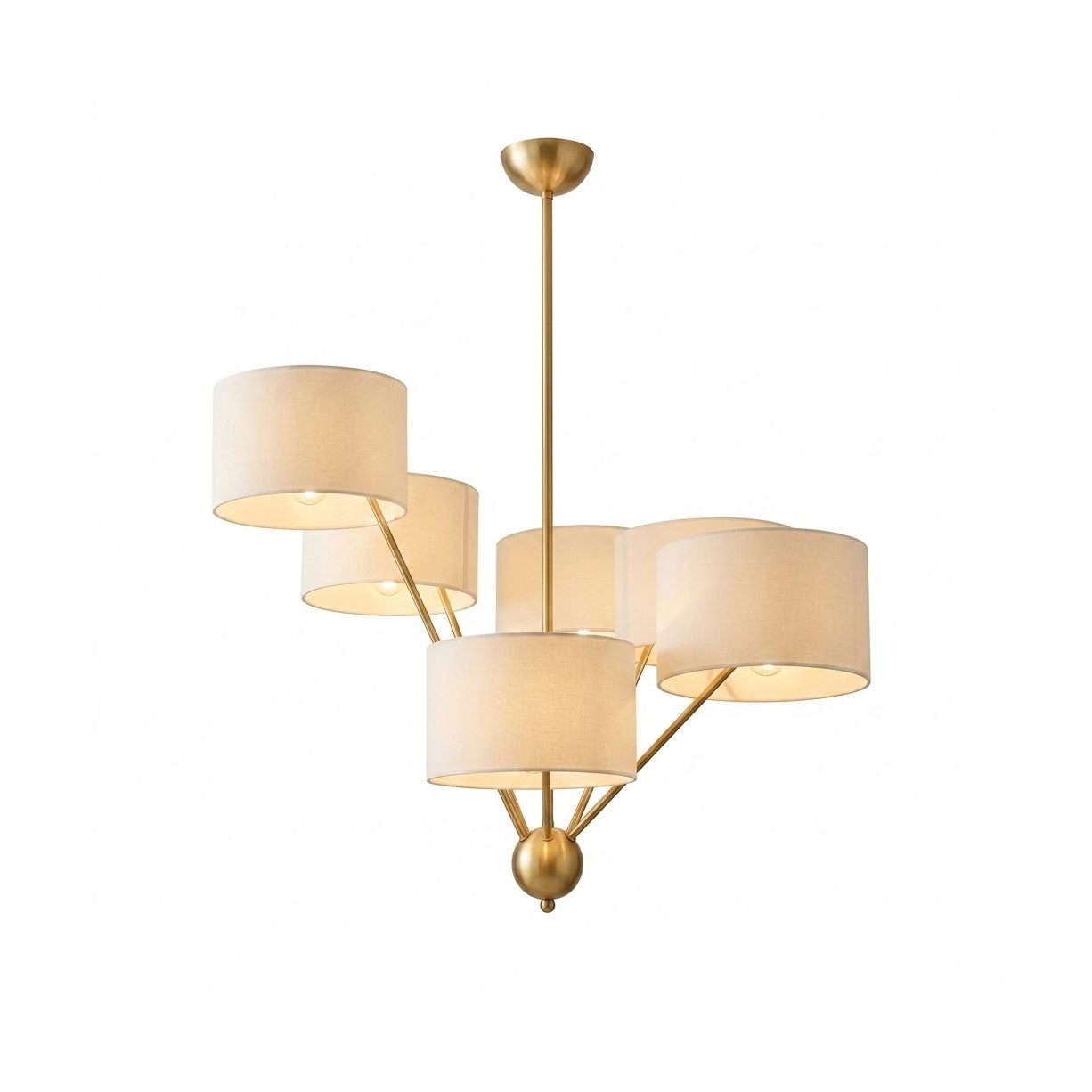 Mantis Fabric Chandelier in brass with white shades on a plain background.