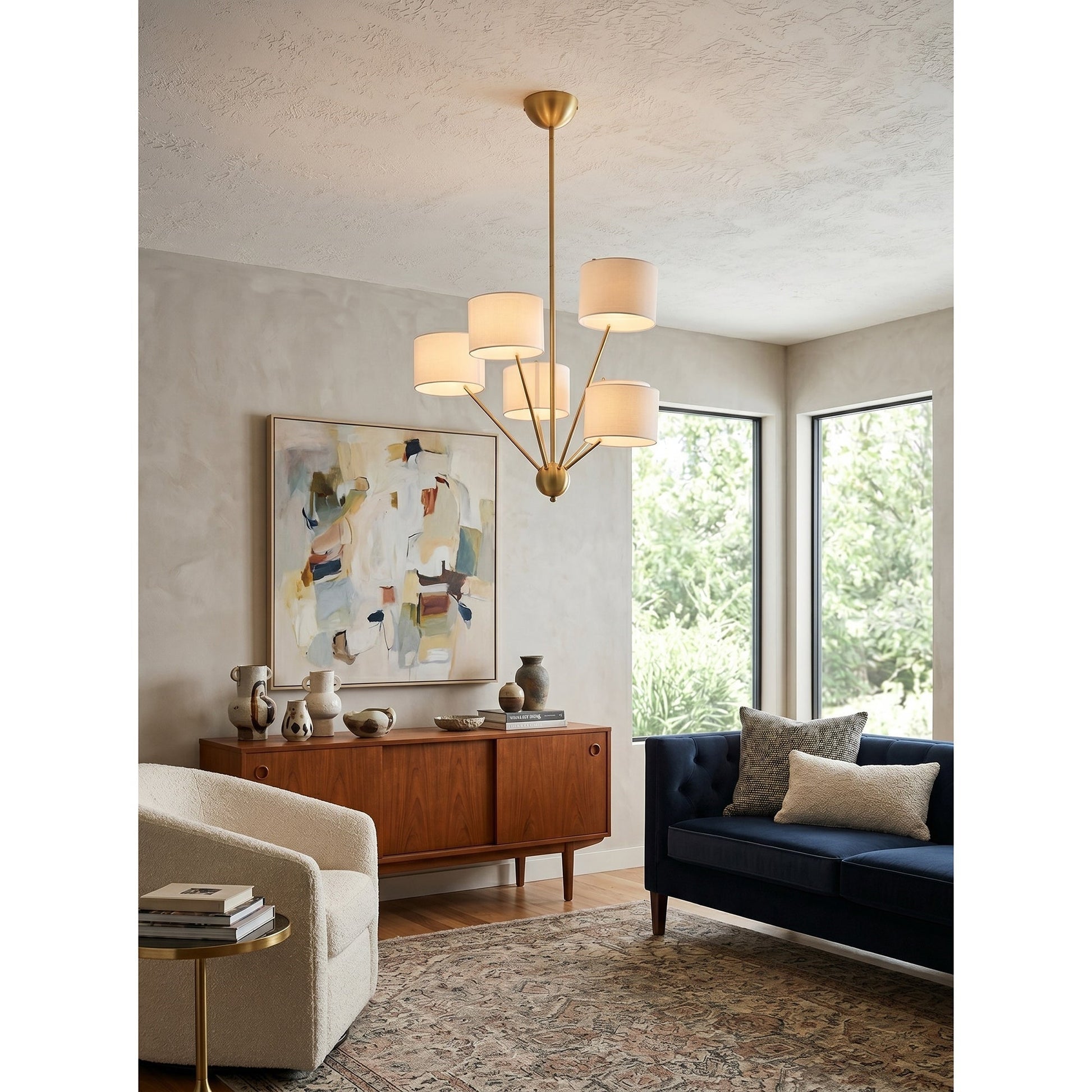 Mantis Fabric Chandelier shown in a matte black finish with white shades.