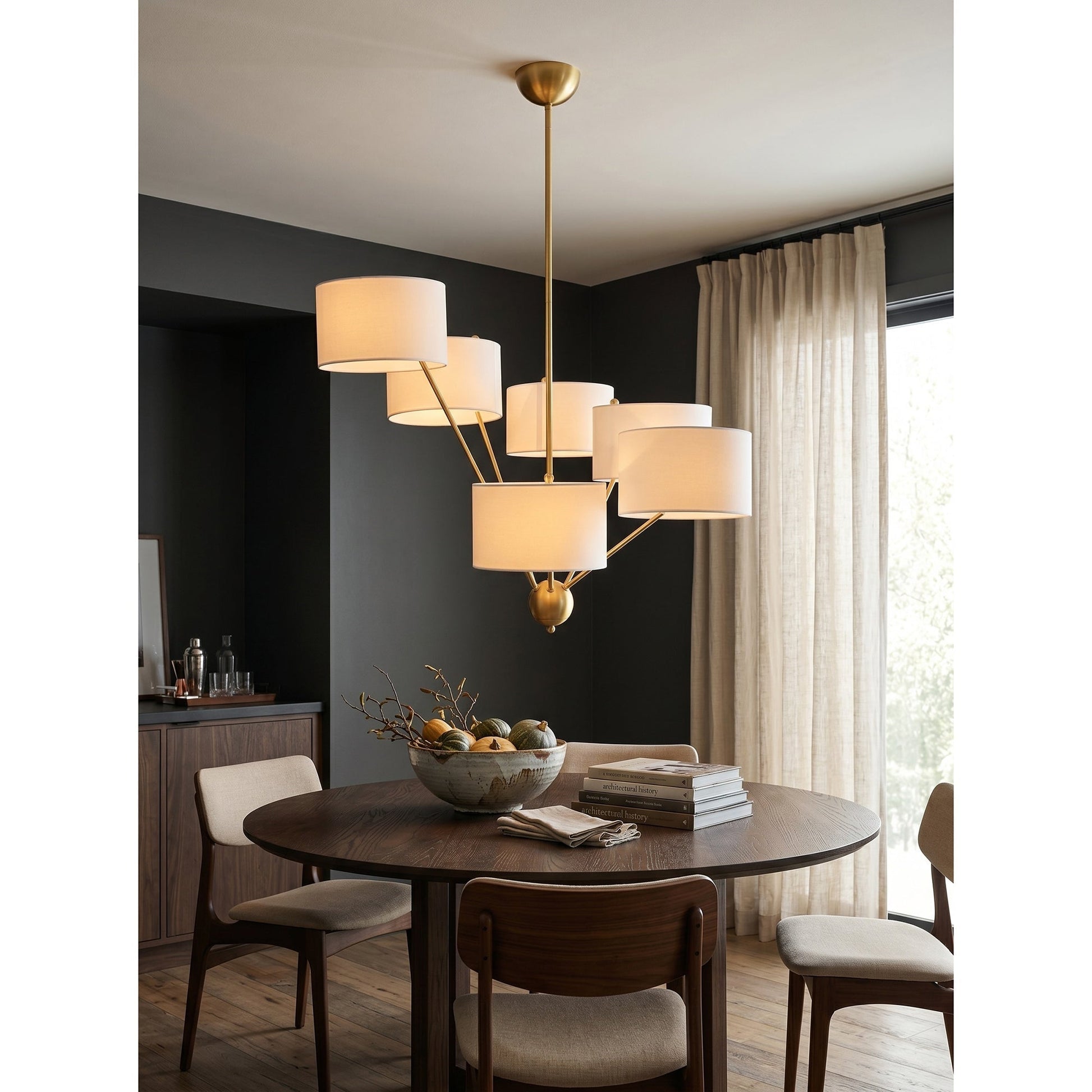 Mantis Fabric Chandelier shown in a polished nickel finish with white shades.