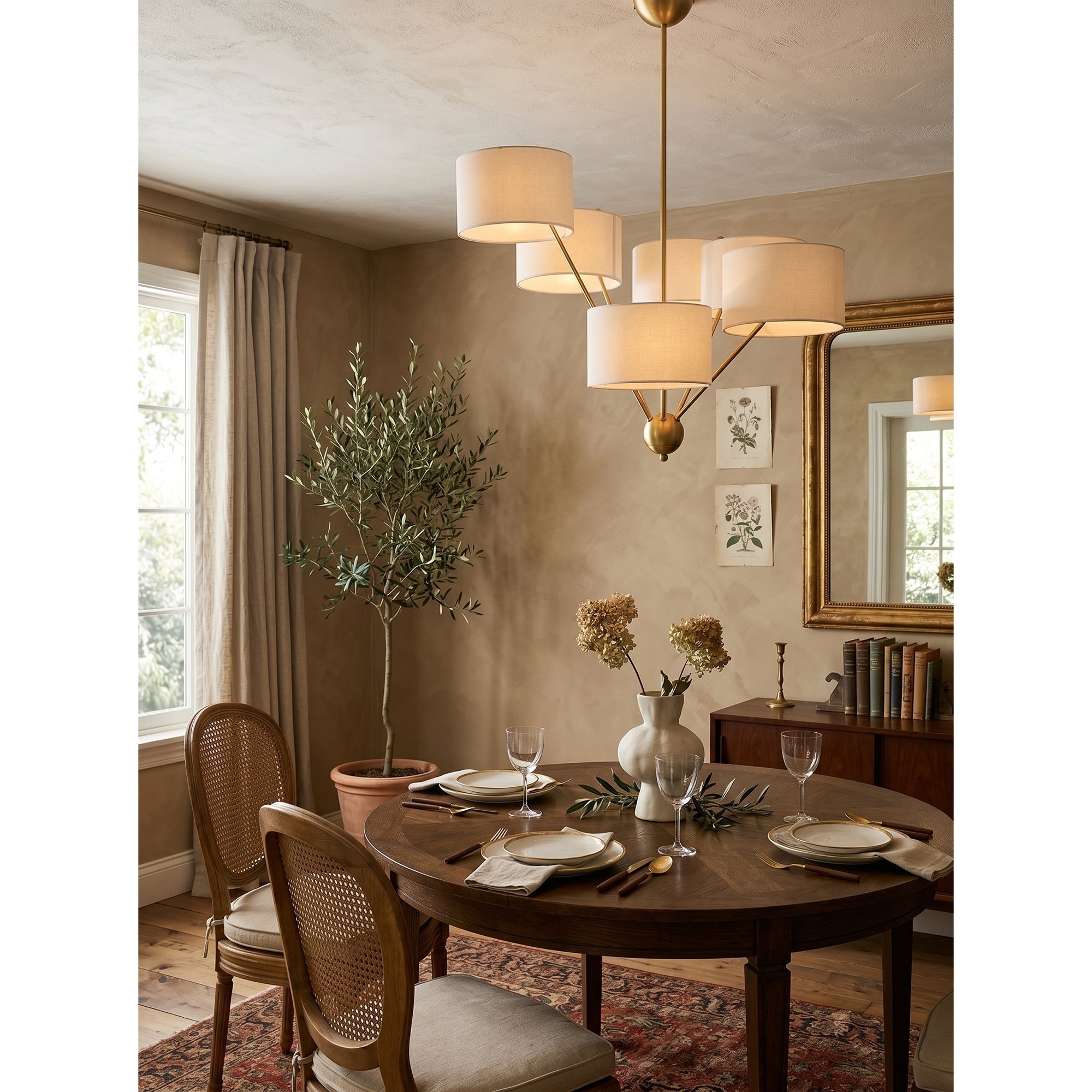 Full product view of the Mantis Fabric Chandelier on a white background.