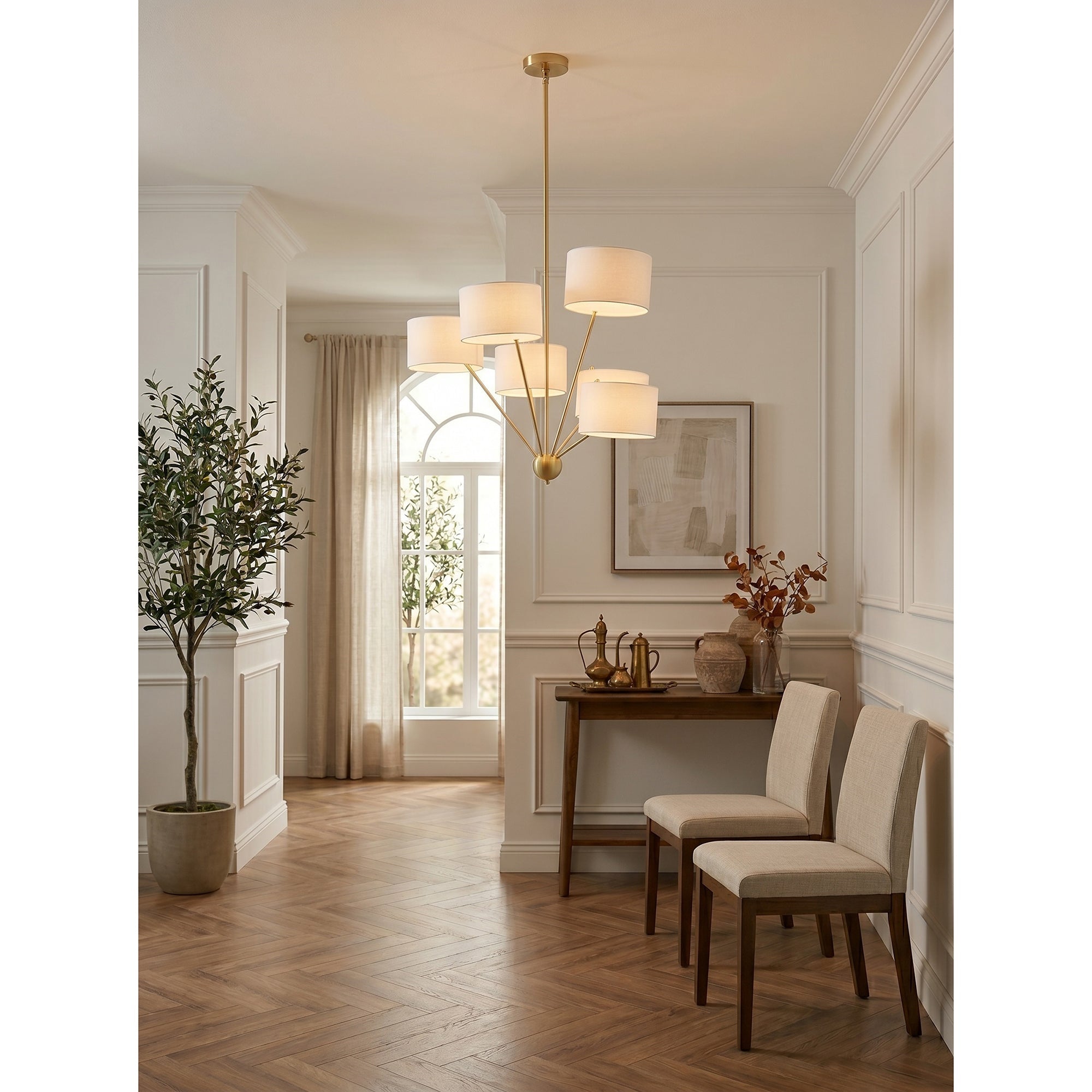 Angled view of the six-arm Mantis Chandelier showing its sculptural form.