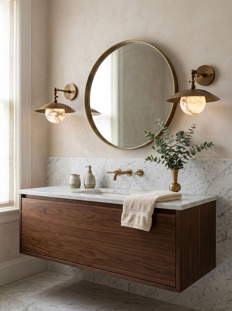 Front view of the Marie Petite Wall Sconce with its alabaster shade glowing.