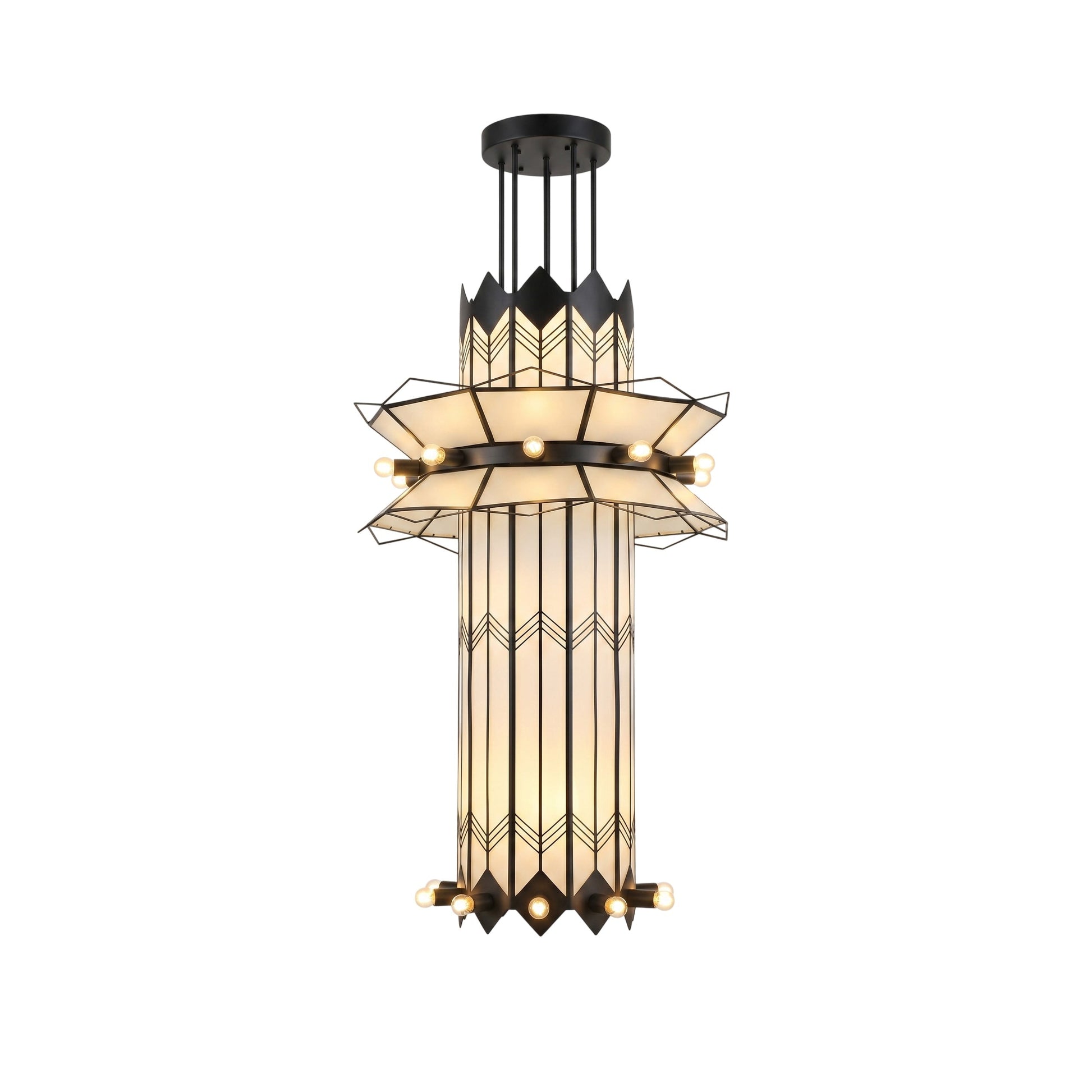 Front view of the Mariel Chandelier in black, showcasing its multi-tiered design.