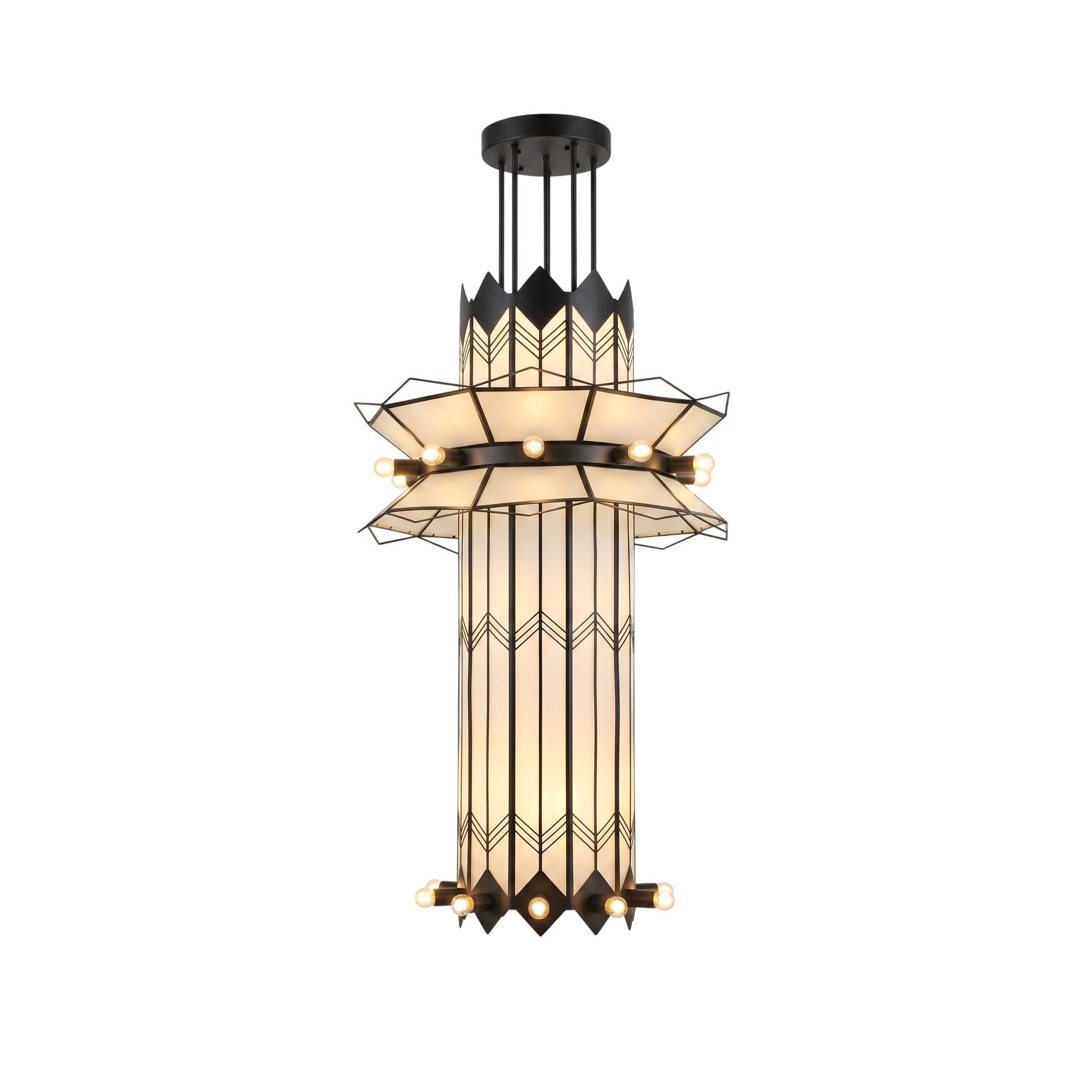 Front view of the Mariel Chandelier in black, showcasing its multi-tiered design.