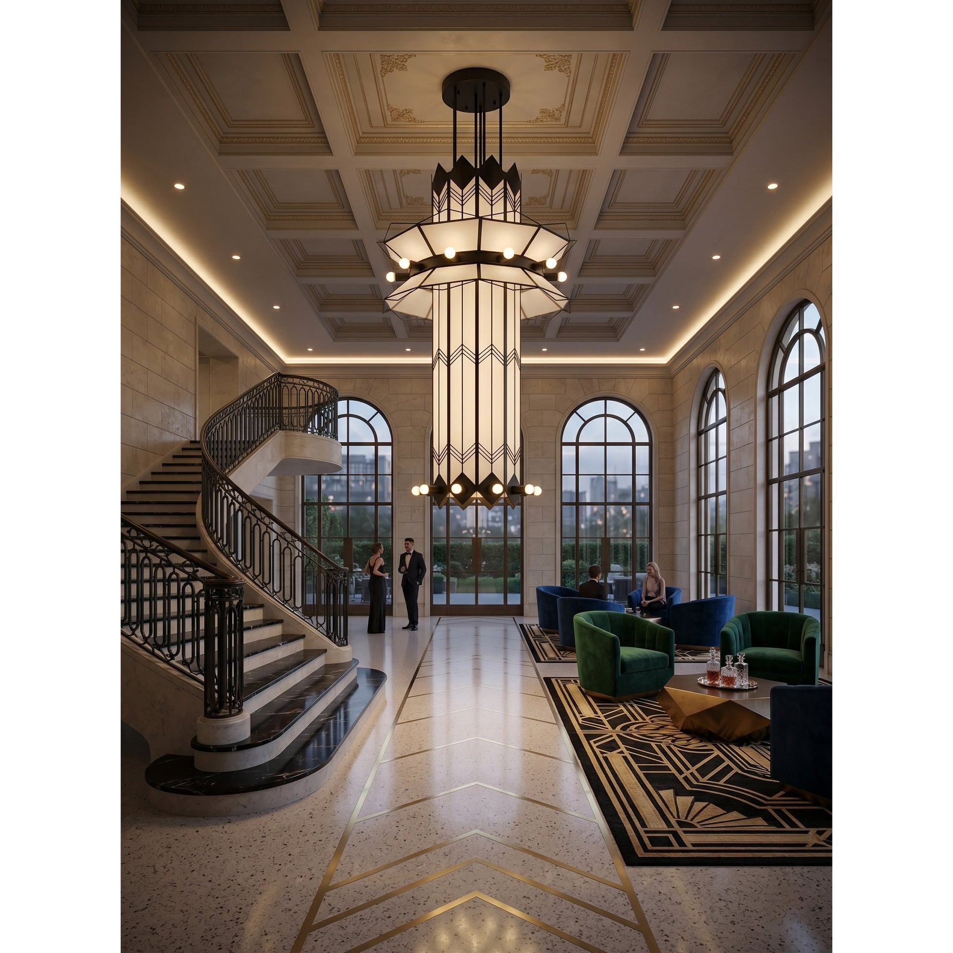 The chandelier illuminated in a dimly lit room, creating a warm, cascading glow.