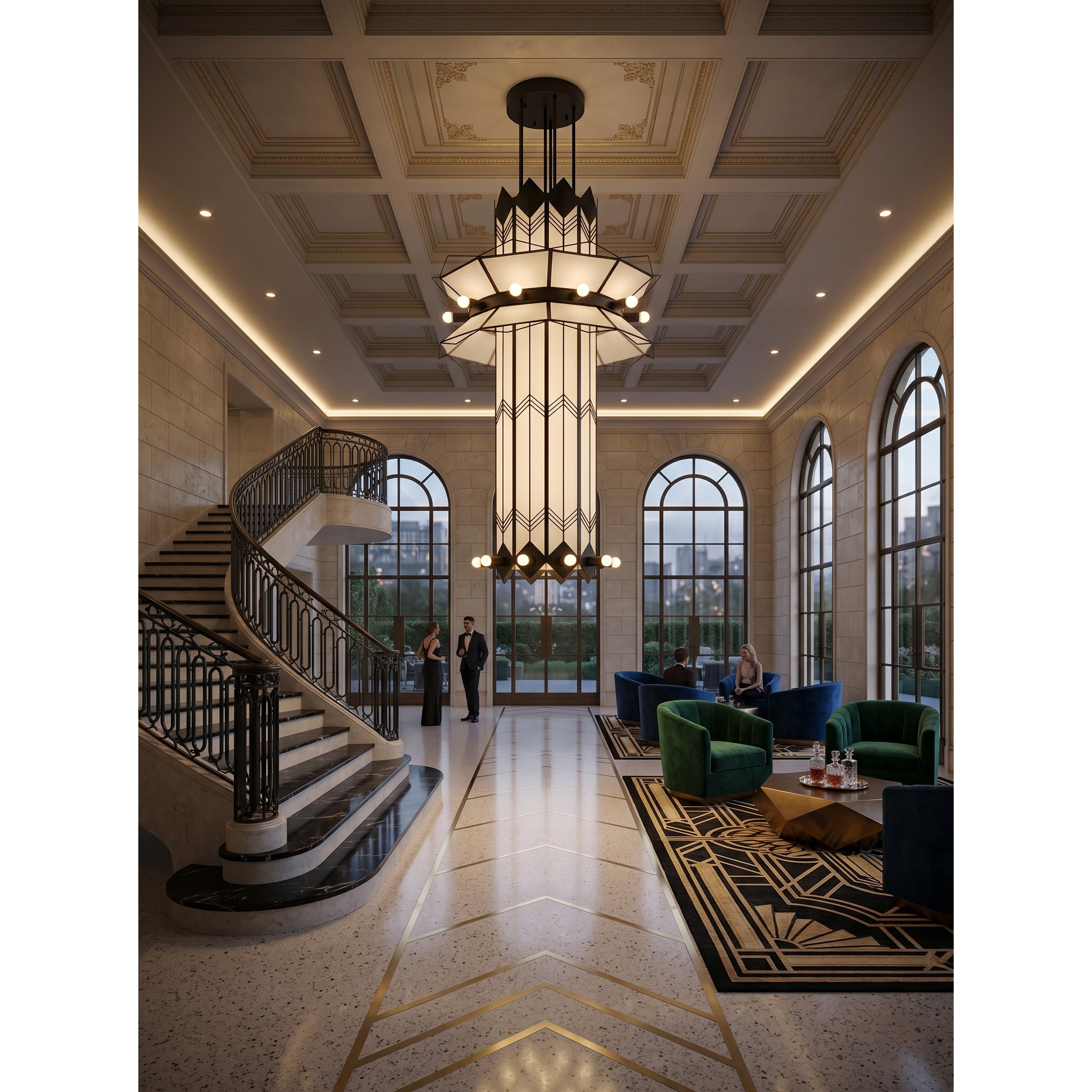 The chandelier illuminated in a dimly lit room, creating a warm, cascading glow.