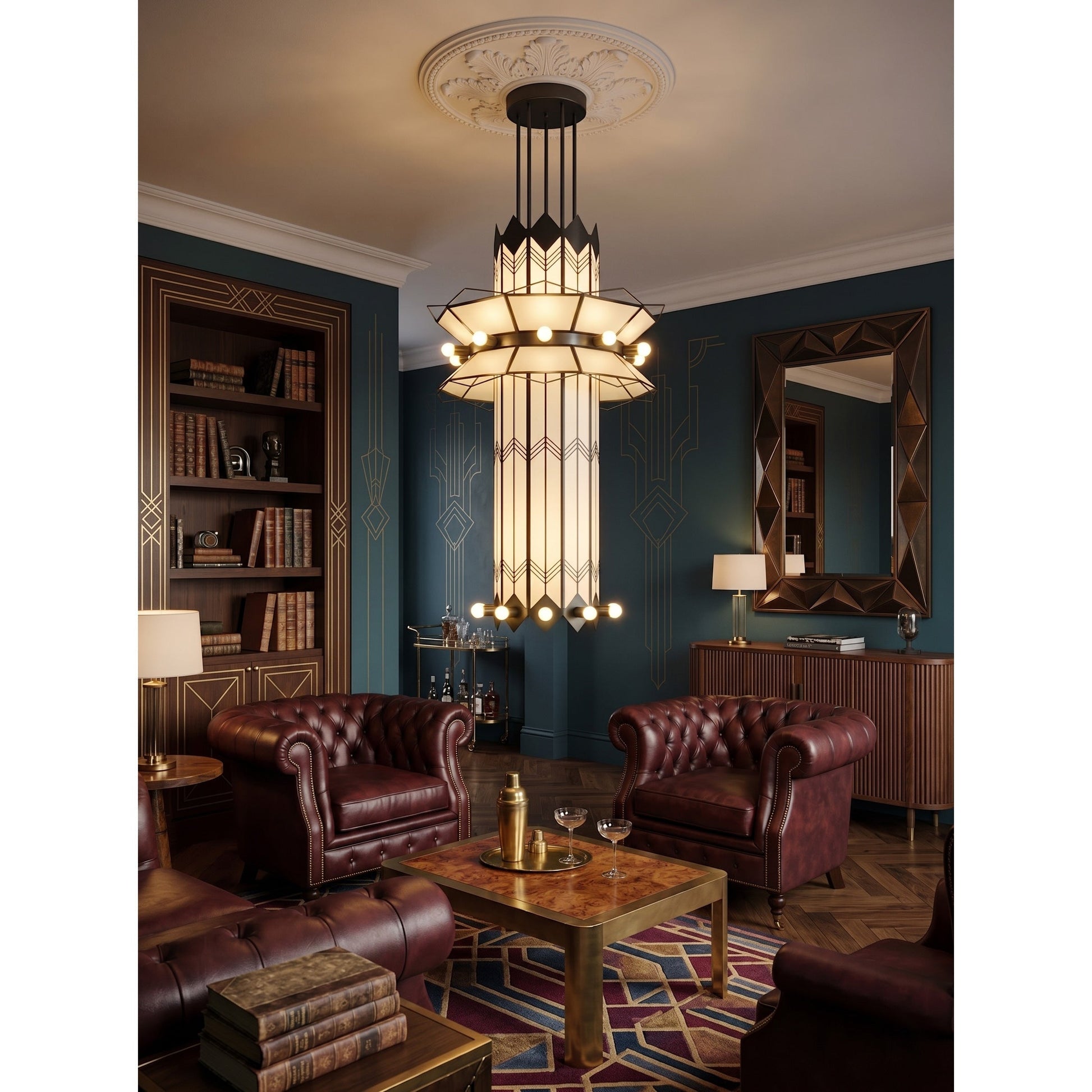 The white Mariel Chandelier shown in a grand entryway with high ceilings.