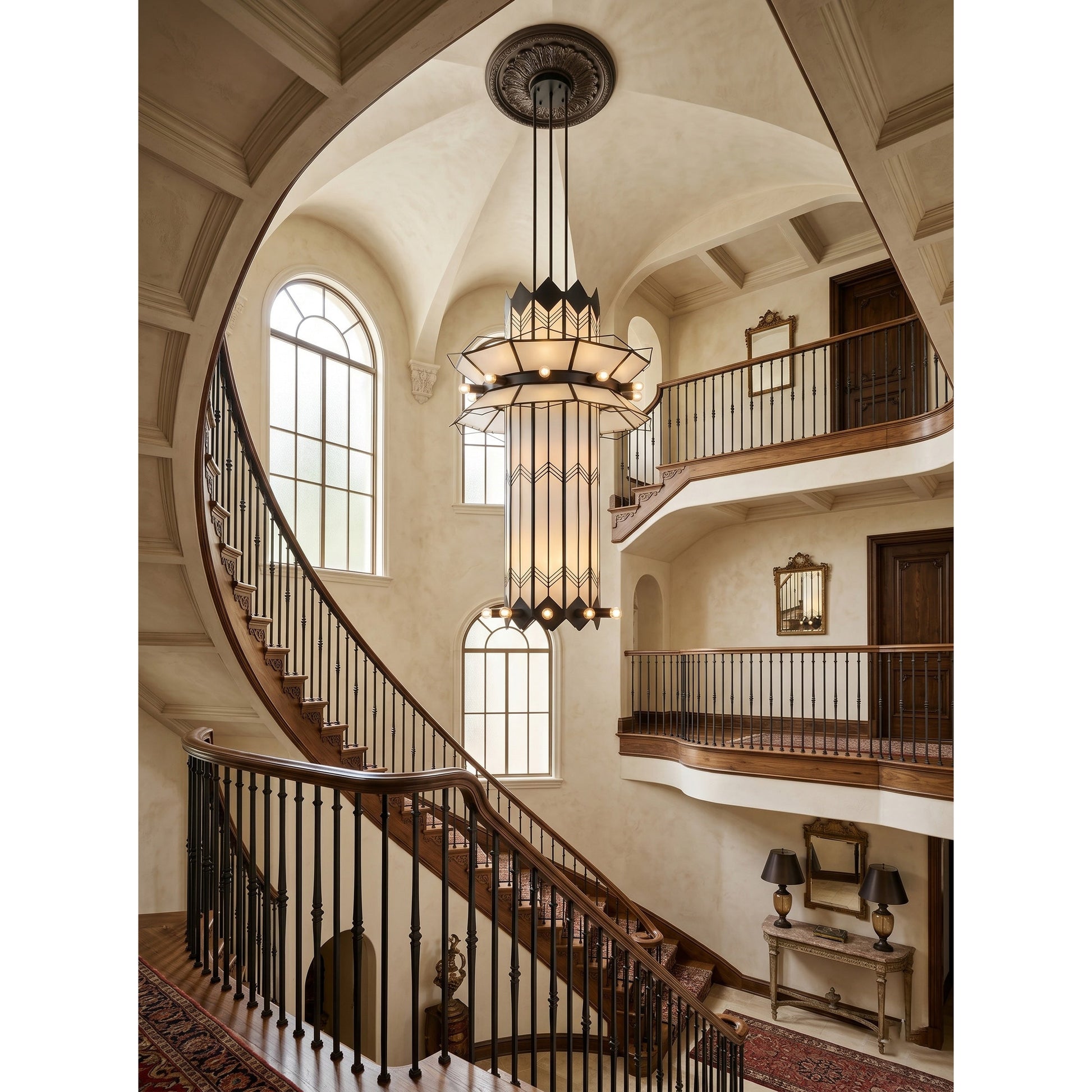 Side profile of the black Mariel Chandelier against a neutral wall.