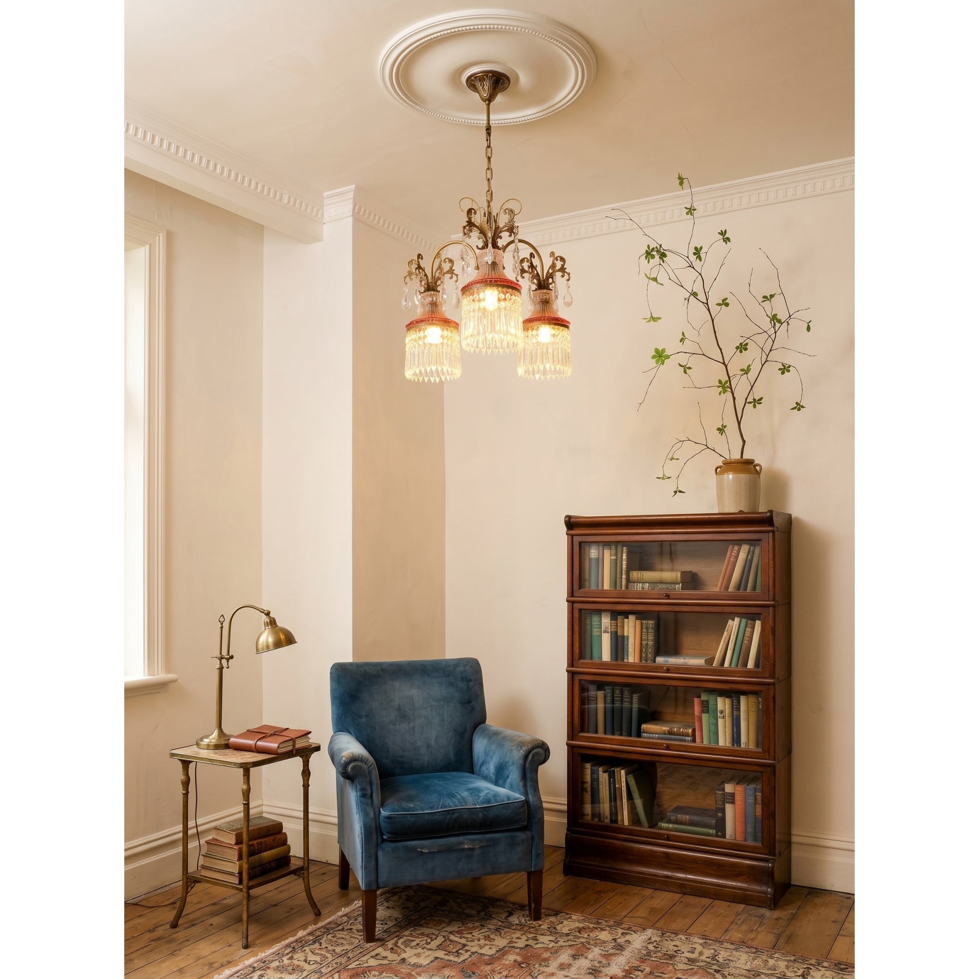 The chandelier adding a touch of maximalist charm to a primary bedroom.