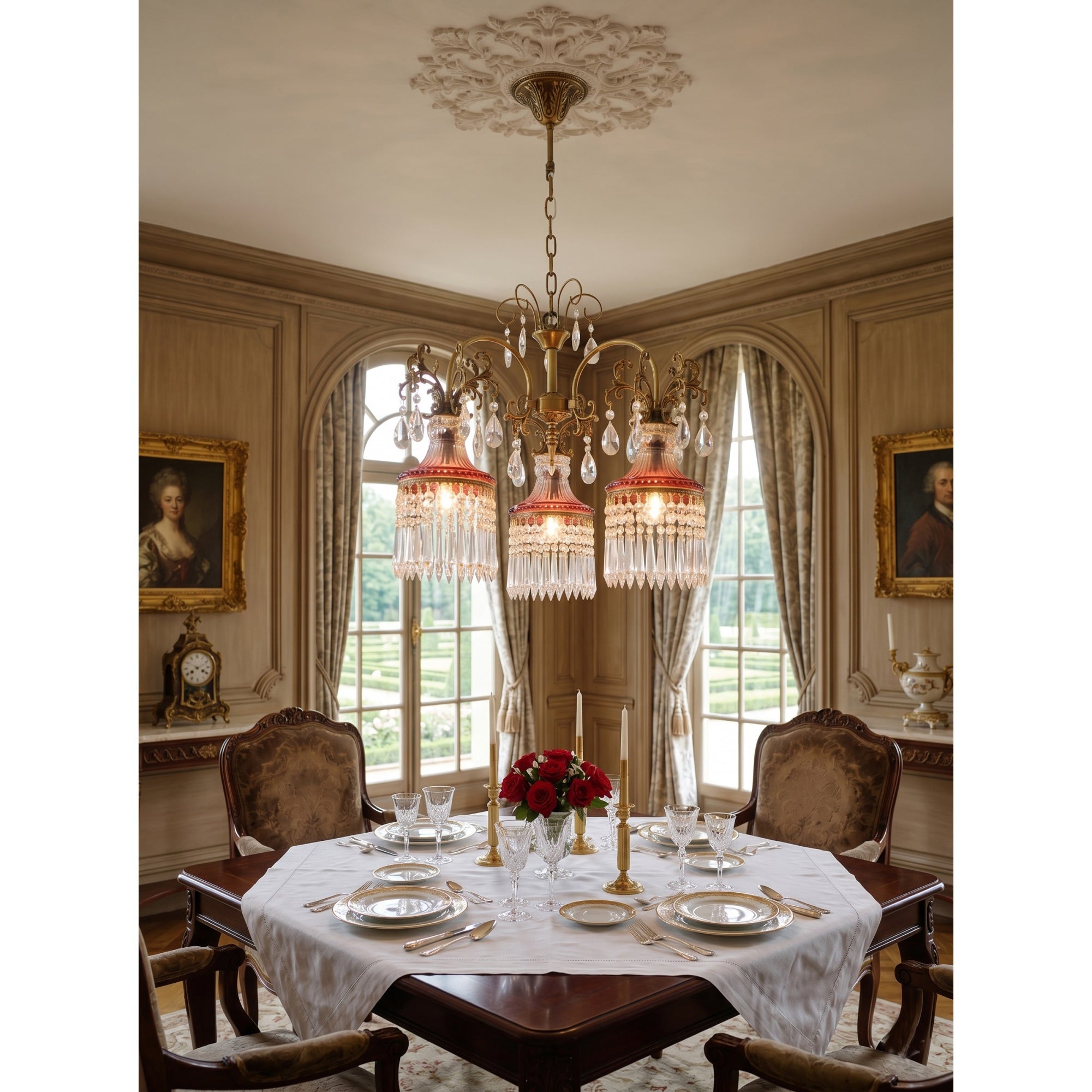 Side profile of the Marquise Crystal Chandelier showcasing its height and form.