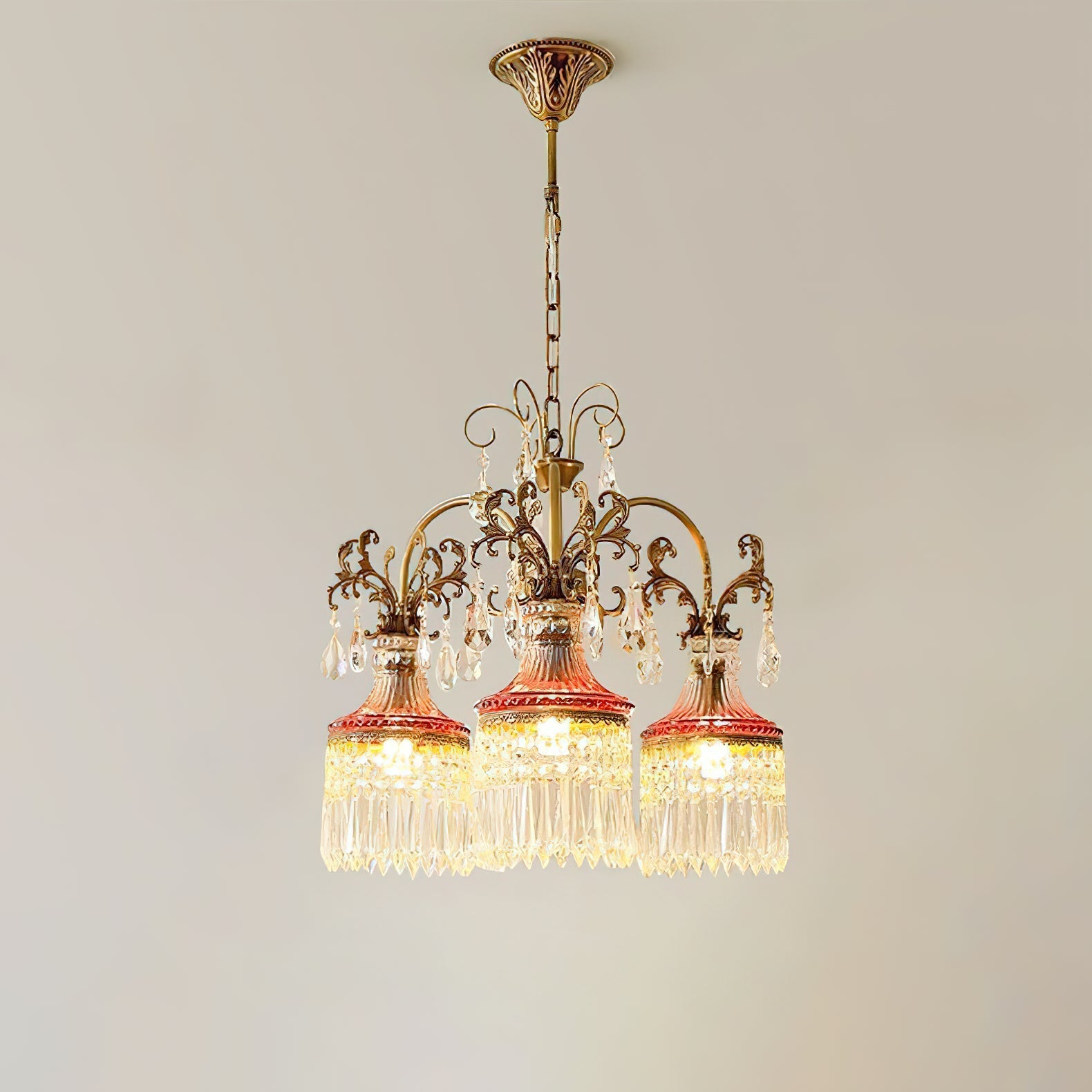 The chandelier with clear crystals, unlit, showing the quality of the materials.