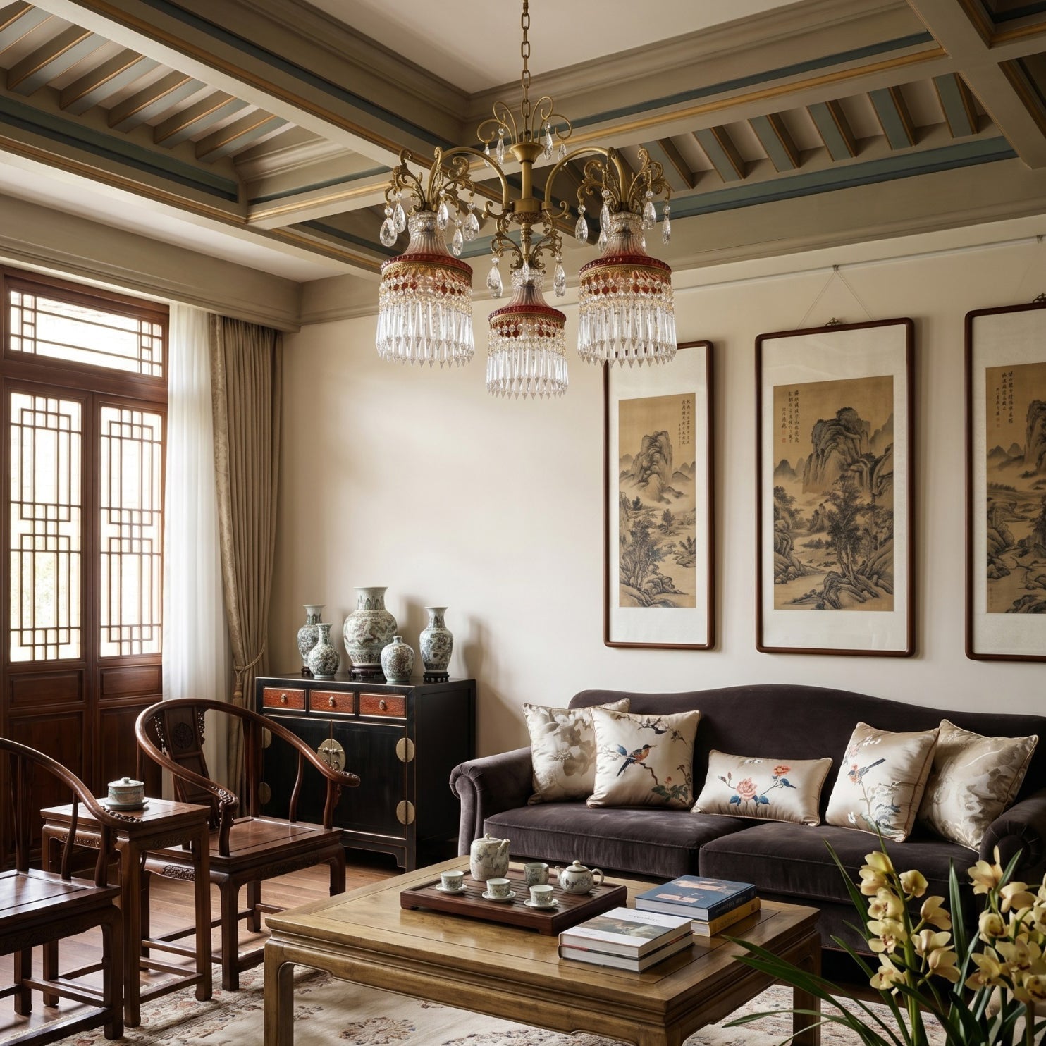 The Marquise Chandelier illuminated, casting a warm and dramatic glow.