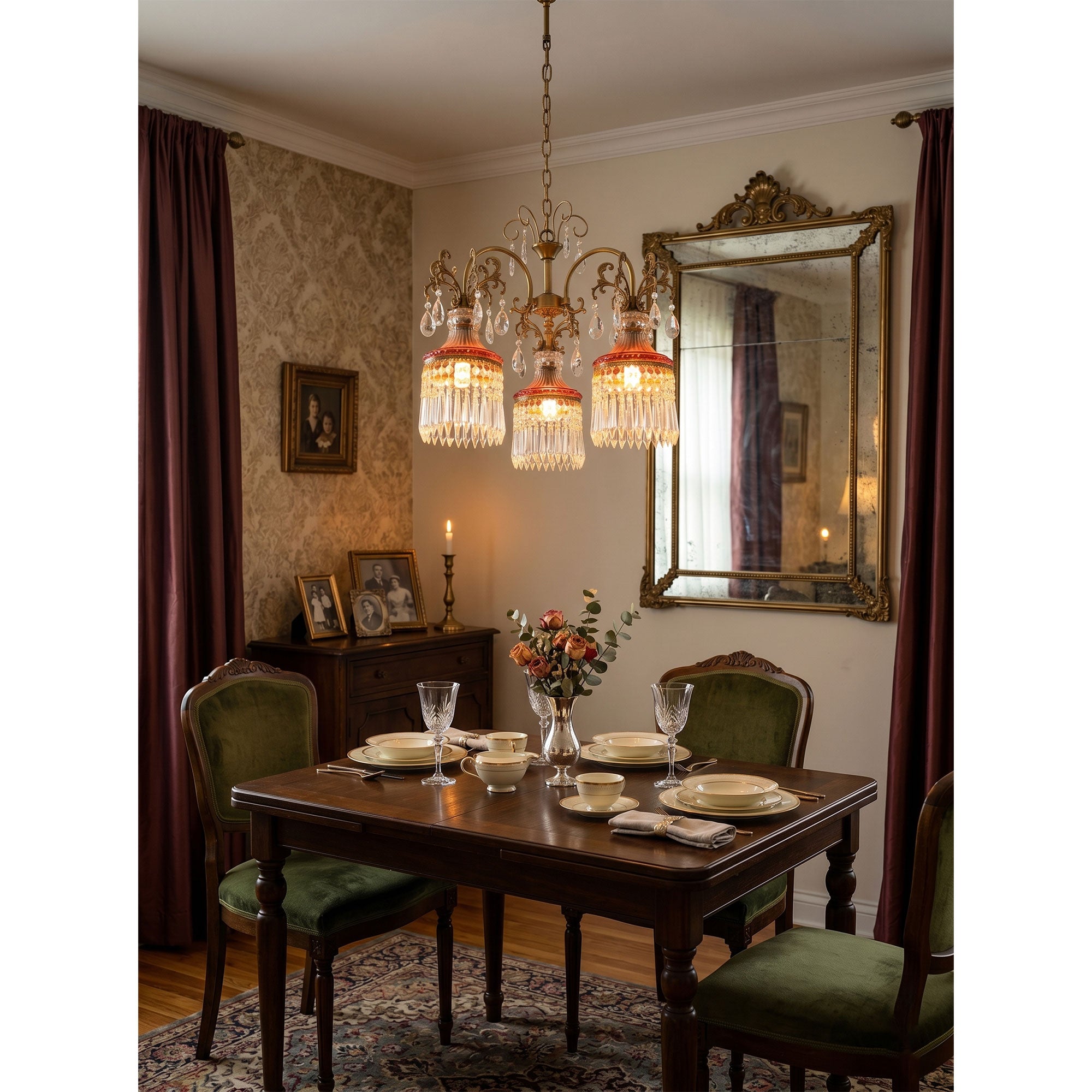 Marquise Chandelier as a centerpiece above a formal dining table.